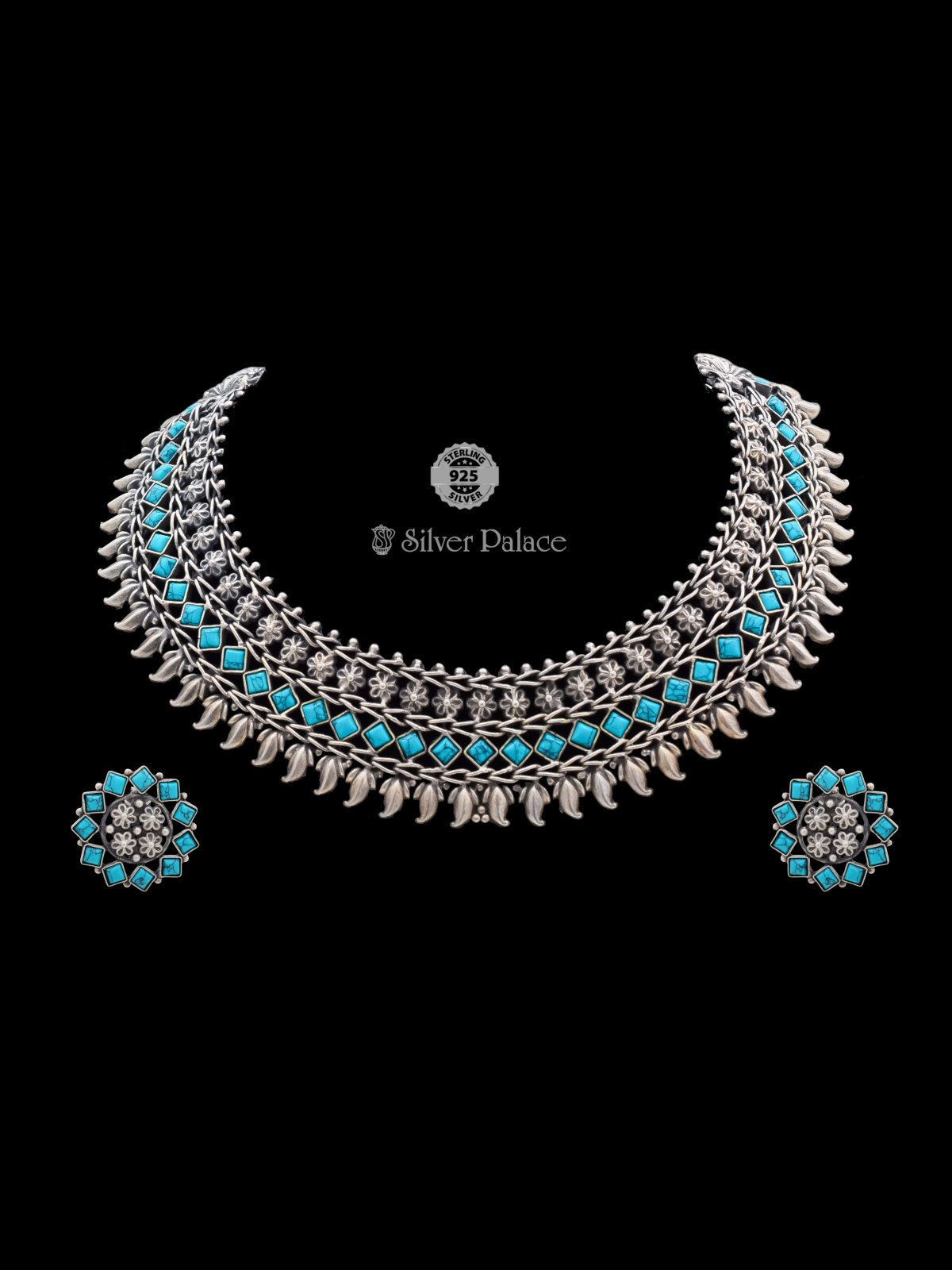 925 Oxidised Silver Turquoise Choker Necklace With Matching Earrings Mannj  Collection