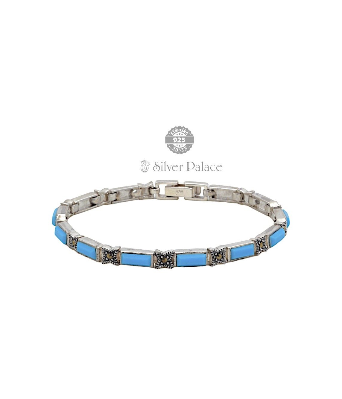 925 Silver Marcasite Blue Turquoise Link Bracelet  For Women's