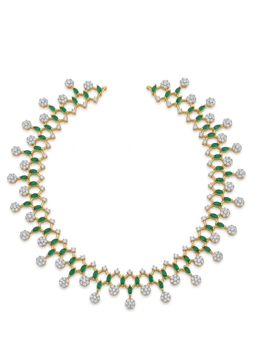 GOLD POLISH GREEN STONE NECKLACE IN PURE SILVER