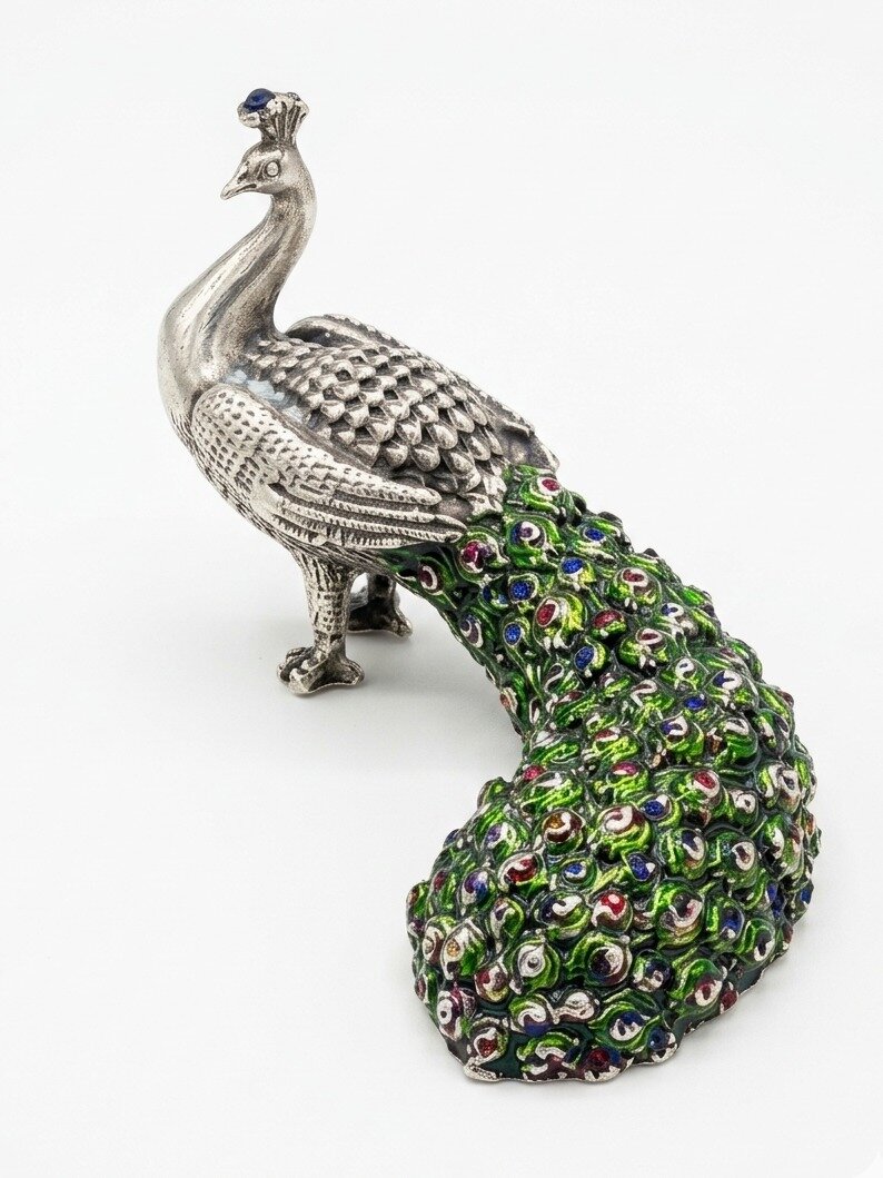 925 SILVER HANS COLLECTIONS HAND CRAFTED PEACOCK WITH PINK STONE STUDDED SHOWPIECE FOR HOME DECOR