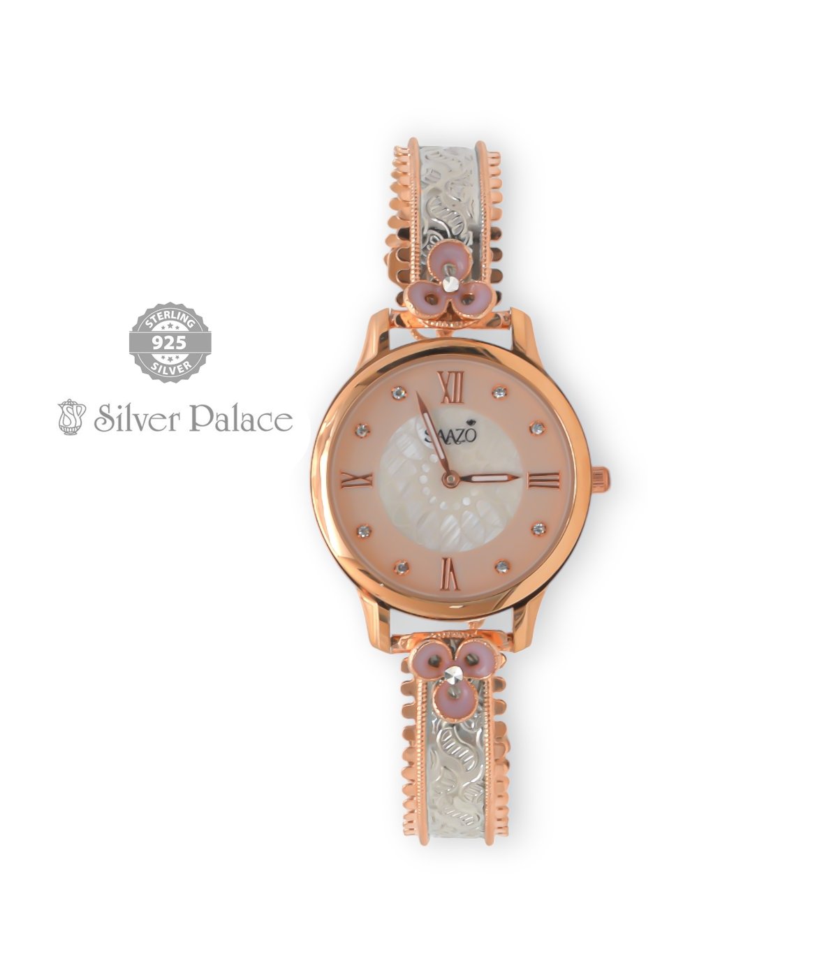 Sheya Collections 92.5 Silver With Rose Gold & Flower Design Rose , White Color Dial  Watch For Girls