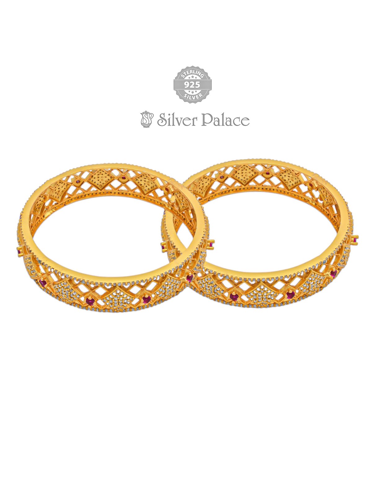 925 SILVER GOLD POLISHED INTRICATE LATTICE PATTERN AND STONES DESIGN BANGLES ANITE COLLECTION 