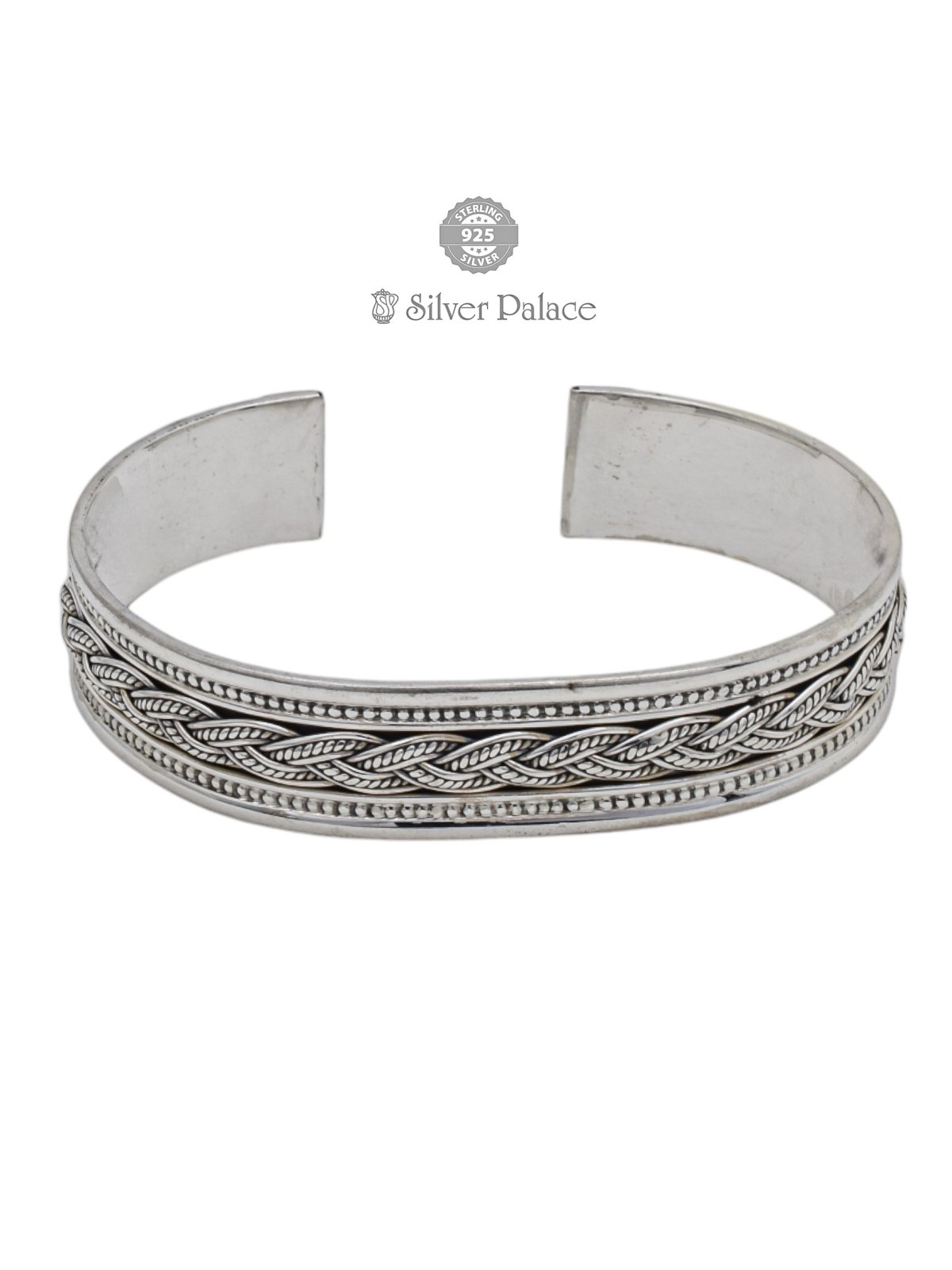 925 Oxidised Silver Braided Engraved Open Cuff Kada For Women