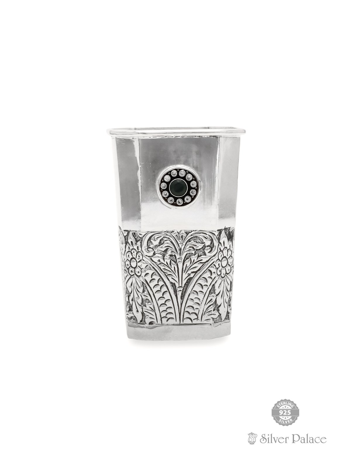 925 OXIDISED SILVER FLORAL DESIGN WITH GREEN & WHITE STONE TUMBLER 