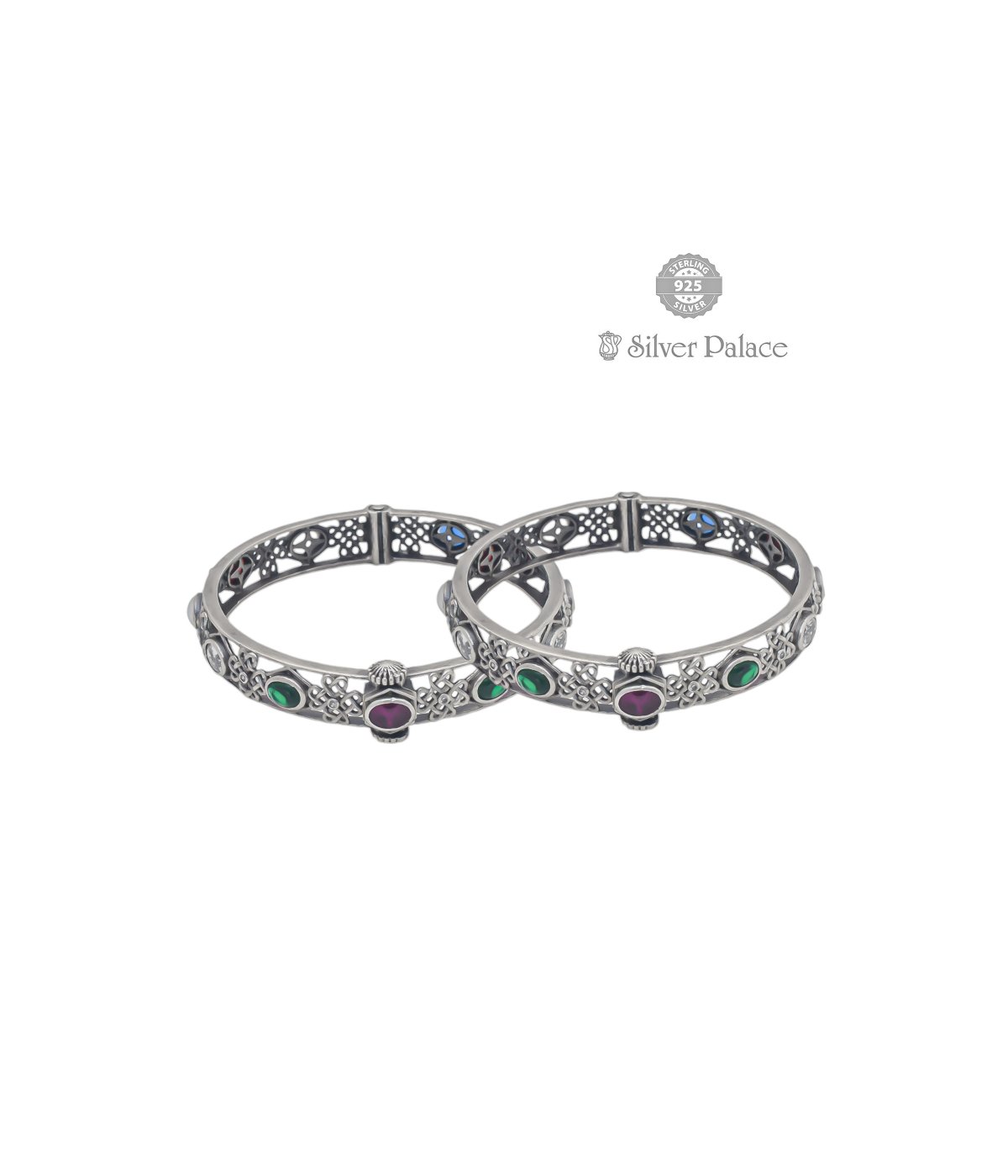 925 OXIDIZED SILVER MANNJ COLLECTION CUT STONE MULTICOLOUR BANGLES FOR WOMEN
