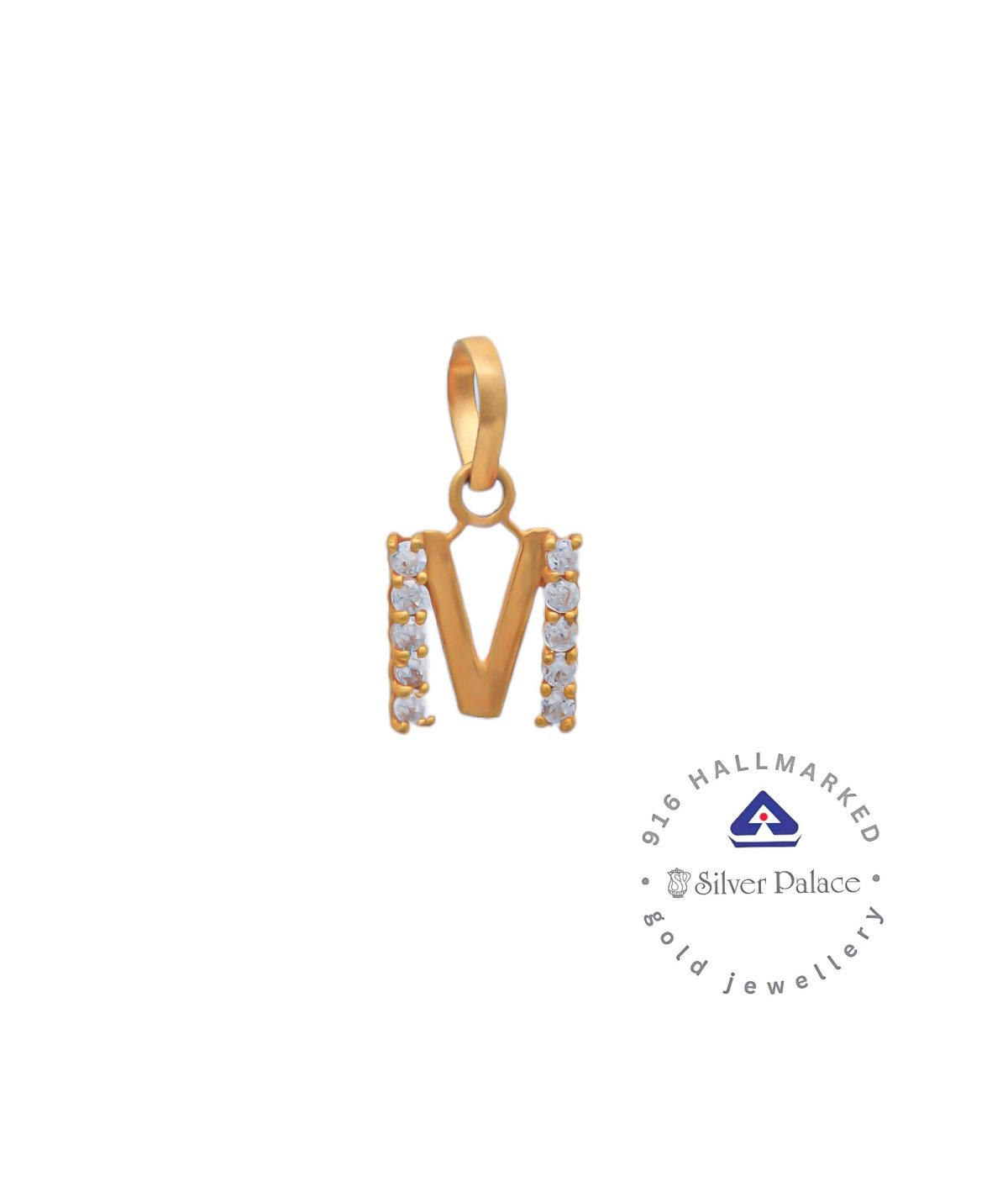 Kanche Collections Gold 916 purity M Letter With CZ Stone Studded Pendant for Daily wear