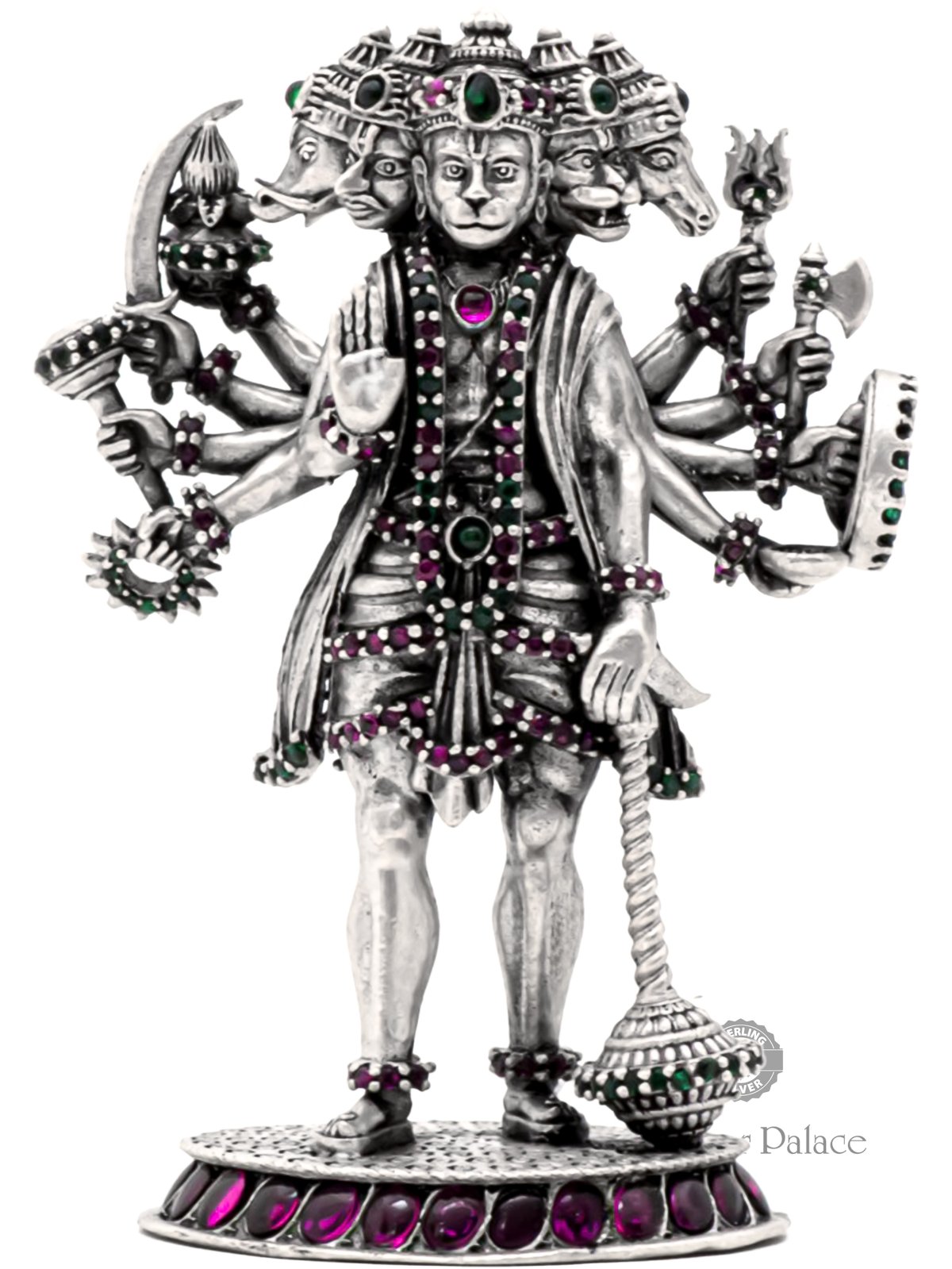 ANTIC FINISH 925 SILVER PANCHAMUKHA ANJANEYA IDOL WITH RUBY EMERALD 
