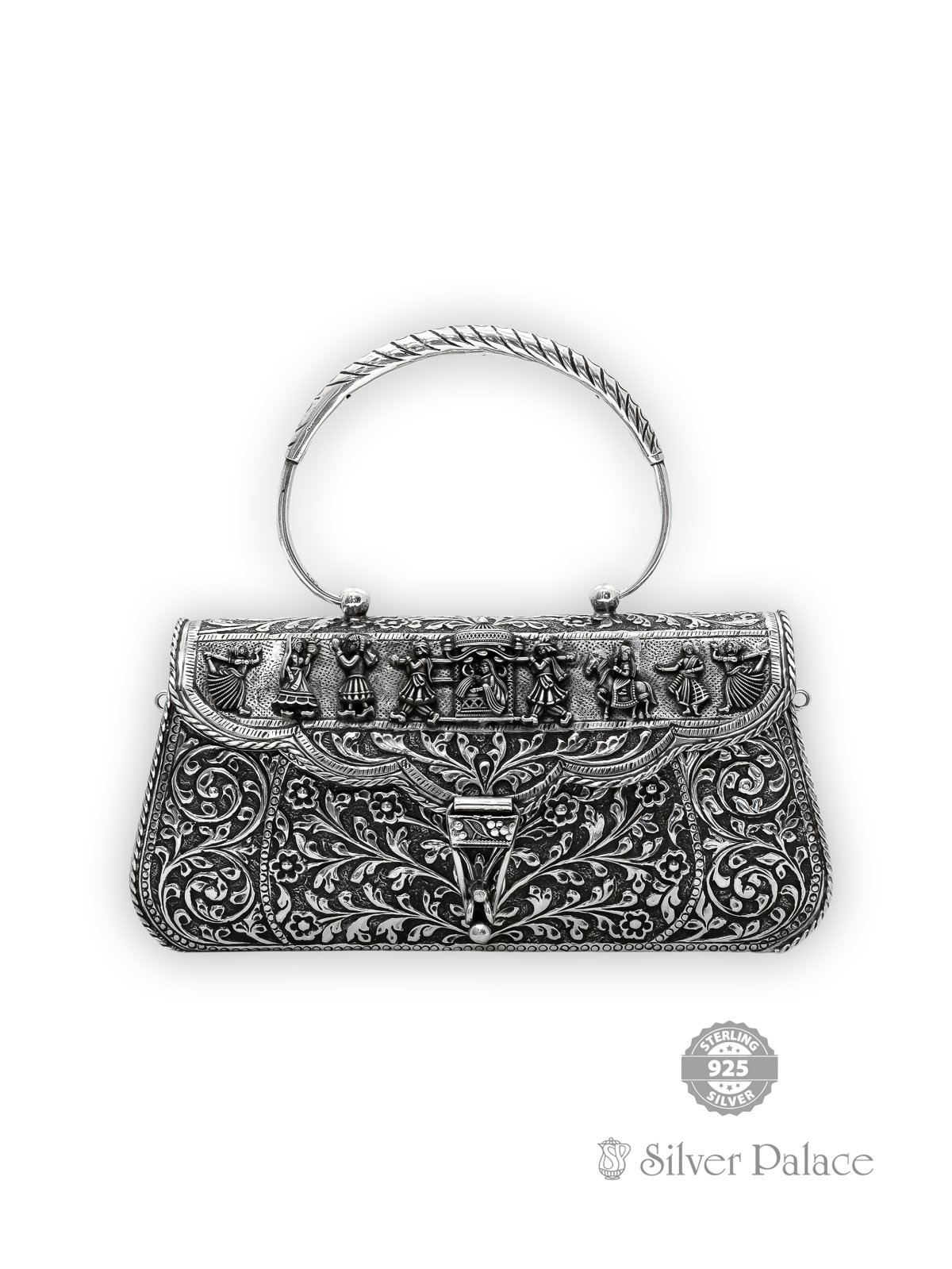 925 OXIDISED SILVER WEDDING WITH FLORAL DESIGN PURSE FOR GIRLS 