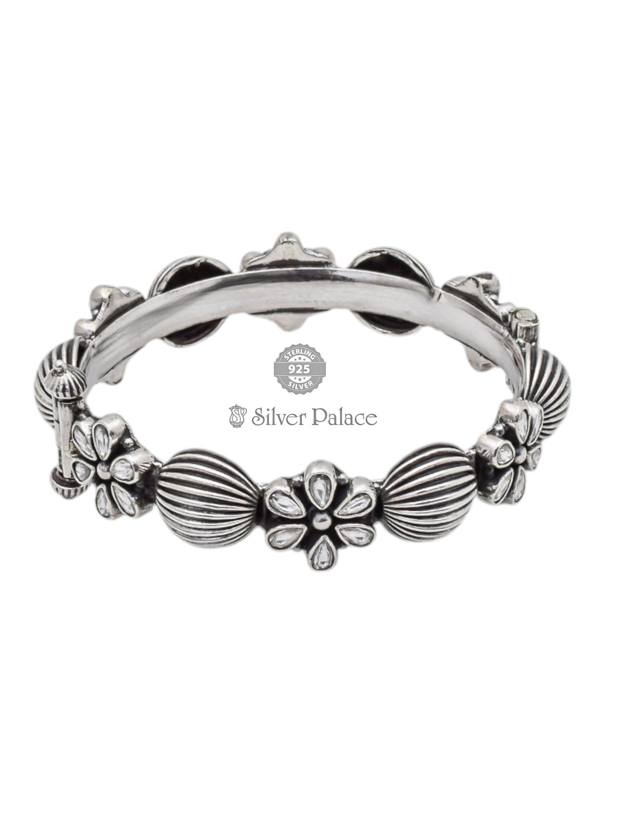 925 Oxidised Silver Floral Beaded Kada for Women Mannj Collection