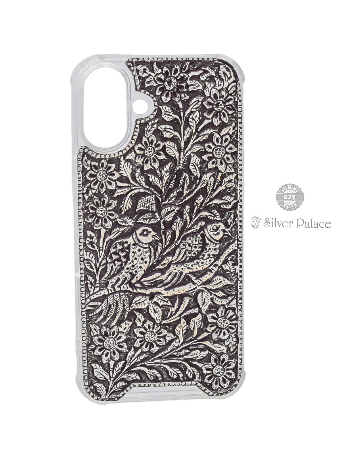 925 Sterling Silver Floral & Birds Engraved Phone Case for iPhone 16 Plus 