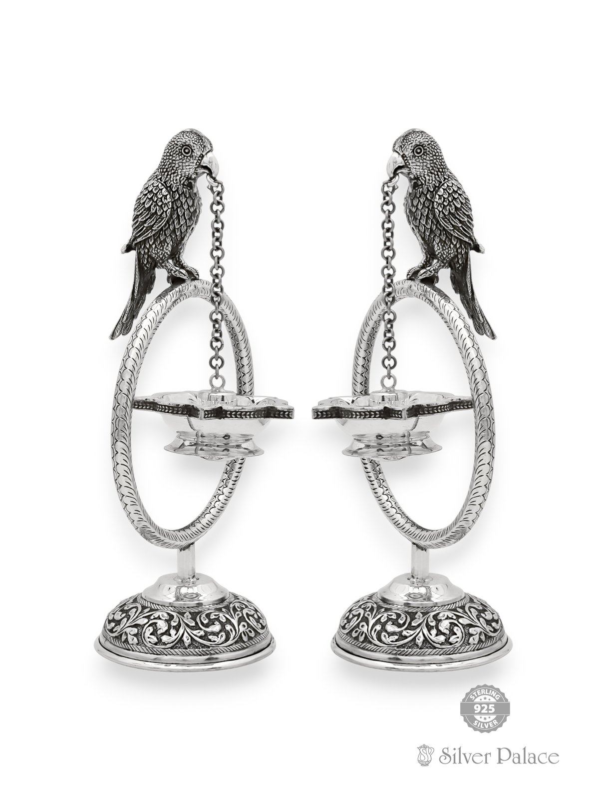 925 OXIDISED SILVER PARROT WITH HANGING LAMP FOR POOJA DECOR 