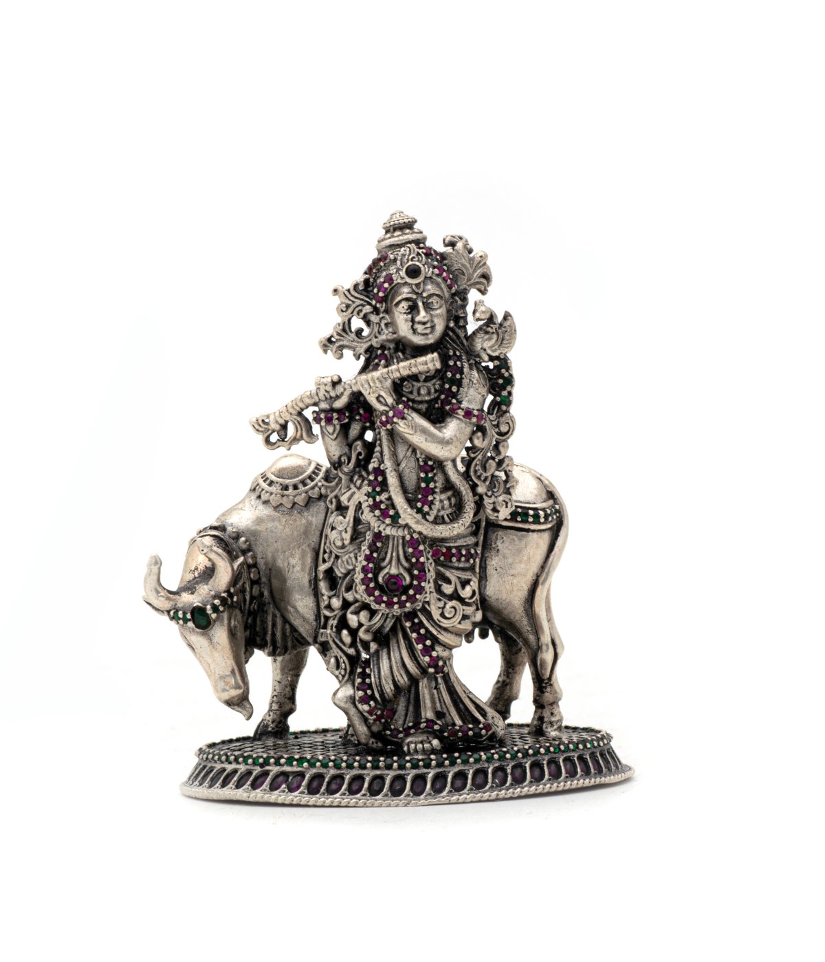 ANTIC FINISH 925 SILVER STANDING KRISHNA WITH GOMATHA  IDOL WITH RUBY EMERALD 