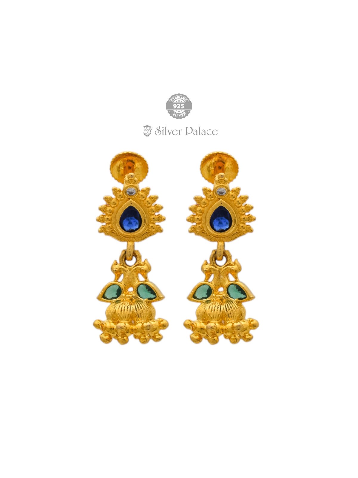 925 SILVER GOLD POLISHED PEACOCK MOTIF WITH STONES DESIGN JHUMKI ANITE COLLECTION 