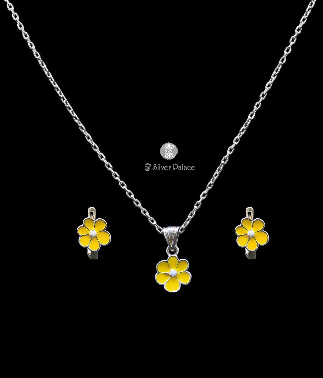 92.5 Silver Aara Collections  Flower design and Enamel Pendant With Earring For girls 