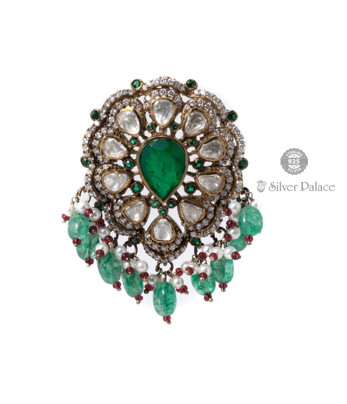 925 OXIDISED  TRADITIONAL VICTORIAN WITH GREEN KUNDAN AND PUMPKIN DROP PENDANT  