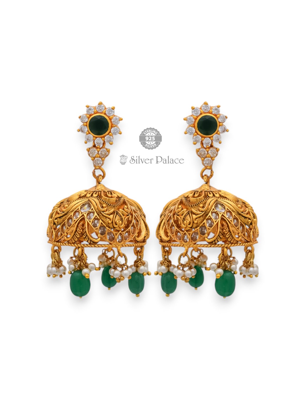 925 Silver Big Size Gold Polish Floral And Beads Design Jhumka For