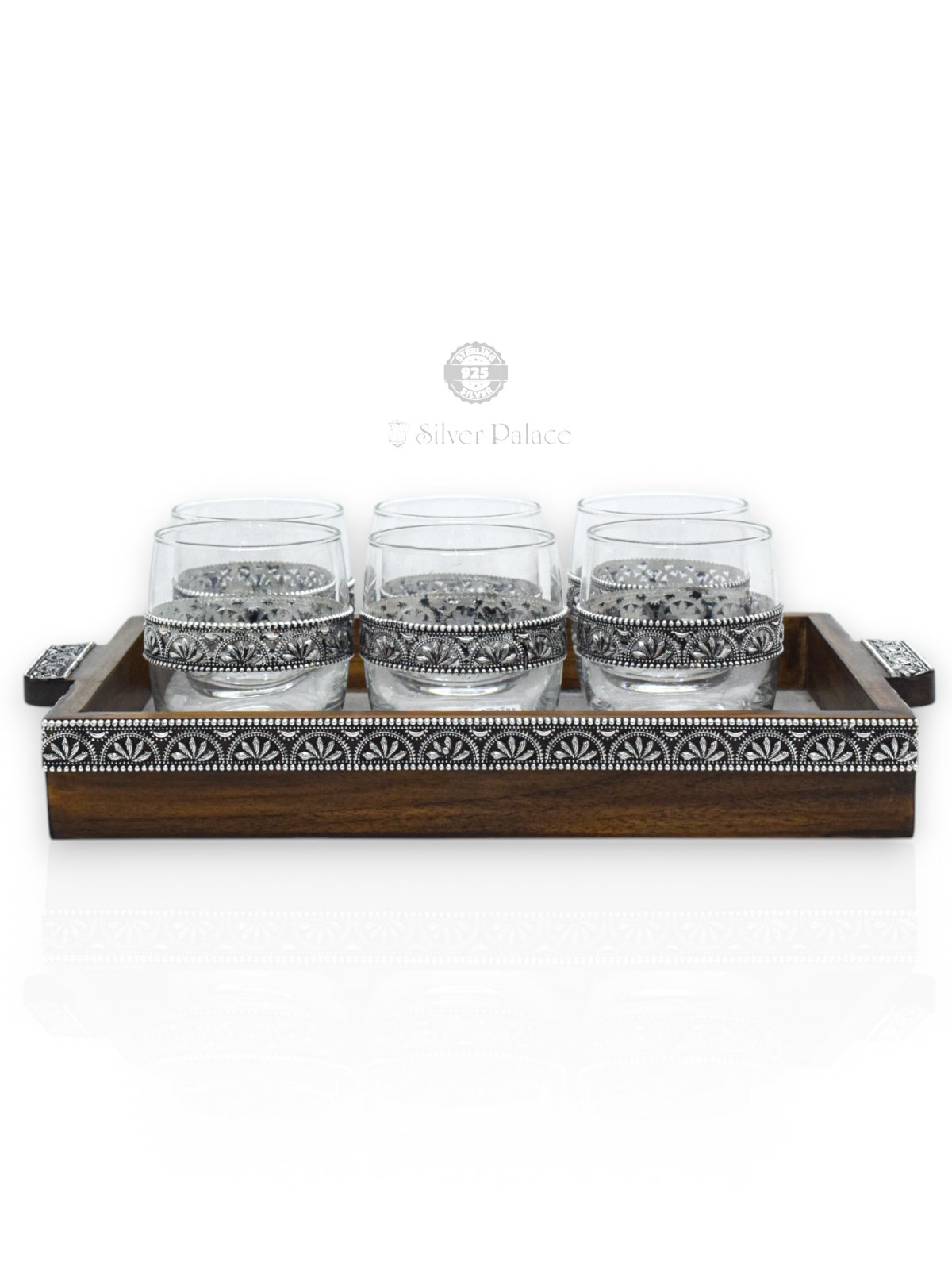 925 Silver Antique Hand Carved WOOD Tray And Glass Set For TABLE USE & Gifting 