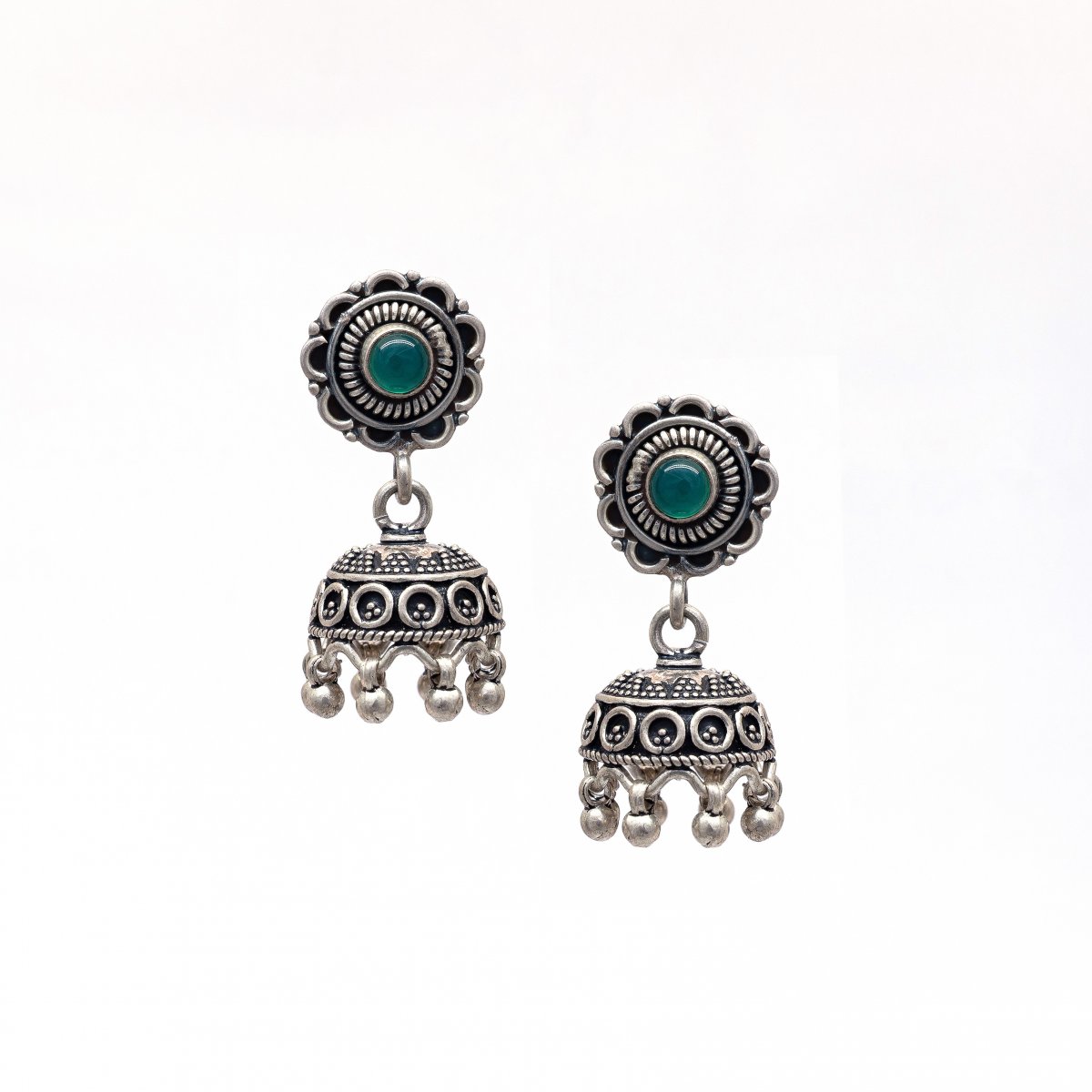 92.5 OXIDISED SILVER GREEN STONE JHUMKA EARRINGS FOR WOMEN AND GIRLS