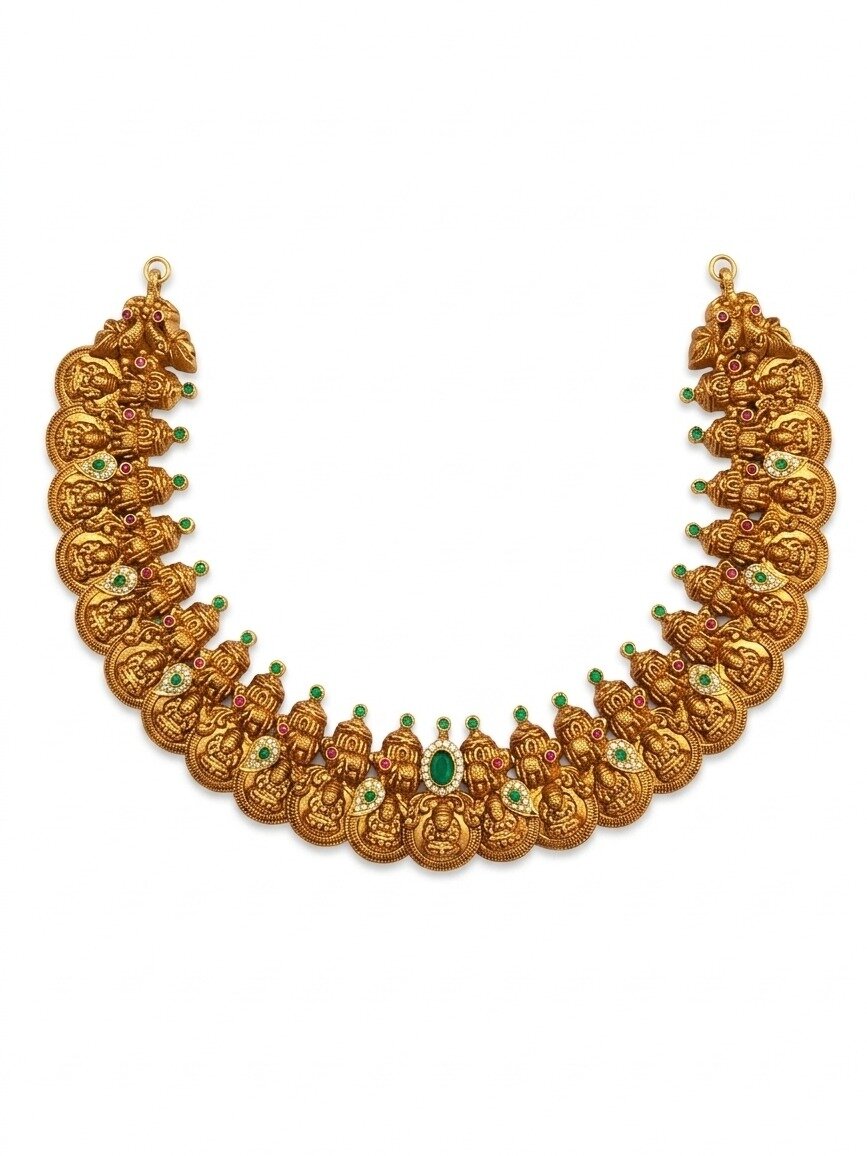 925 SILVER GOLD POLISH LAKSHMI WITH KAASU MAALAI NECKLACE FOR WOMEN ANITE COLLECTION