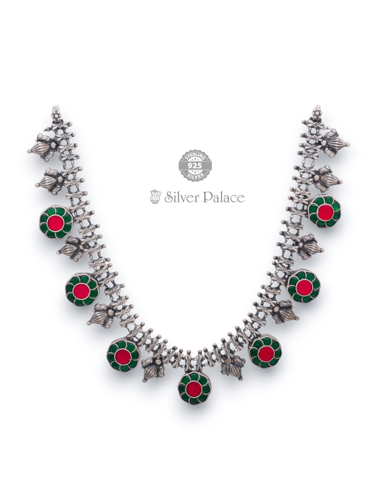 925 OXIDISED SILVER FLORAL DESIGN WITH GREEN AND RED STONE DESIGN FOR WOMEN MANNJ COLLECTION 