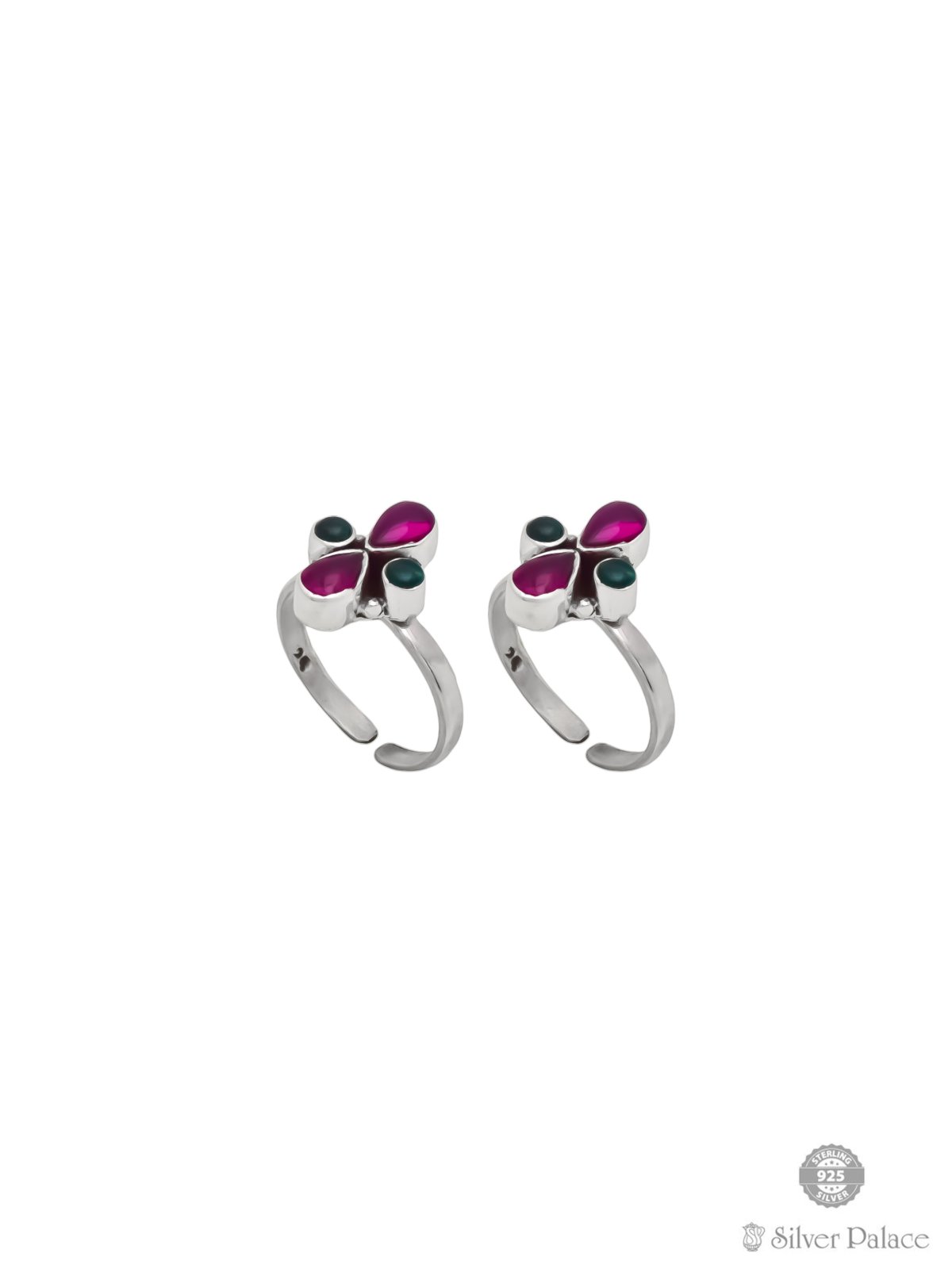 92.5 STERLING SILVER PINK & GREEN STONE TOE RING FOR LADIES NEETH COLLECTION 