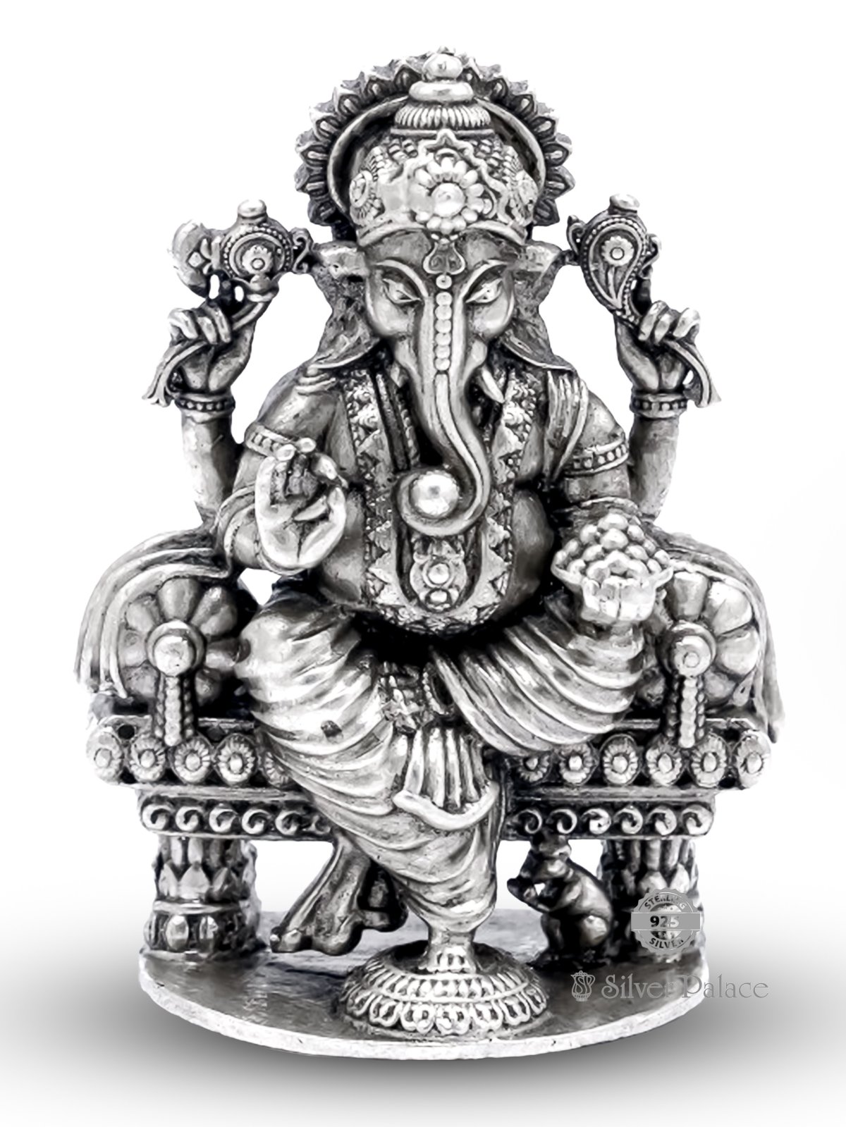 925 Silver Ganapati LC Idol Sitting on Aasanam Handcrafted Oxidised Silver