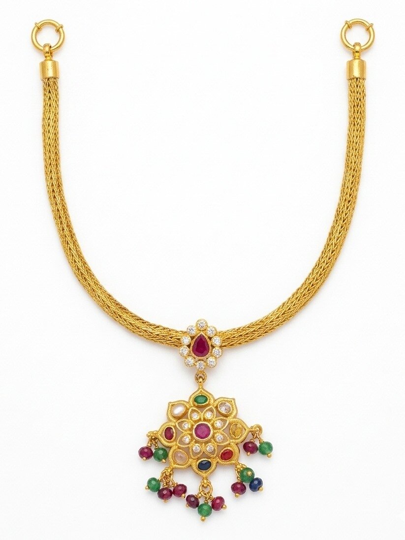 925 SILVER GOLD POLISH NECKLACE WITH FLORAL MOTIF MULTI COLOUR STONES FOR WOMEN ANITE COLLECTION 