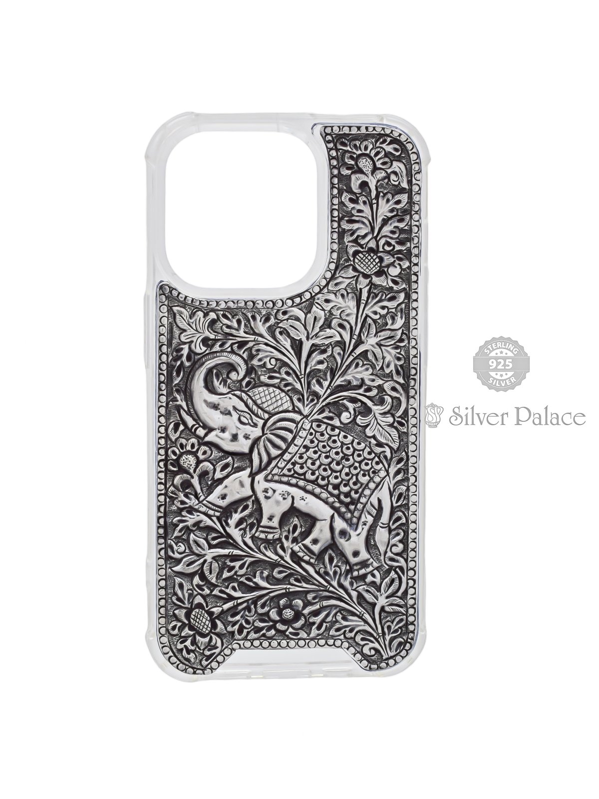 925 STERLING SILVER ELEPHANT AND FLORAL DESIGN PHONE CASE FOR IPHONE 14 PRO 