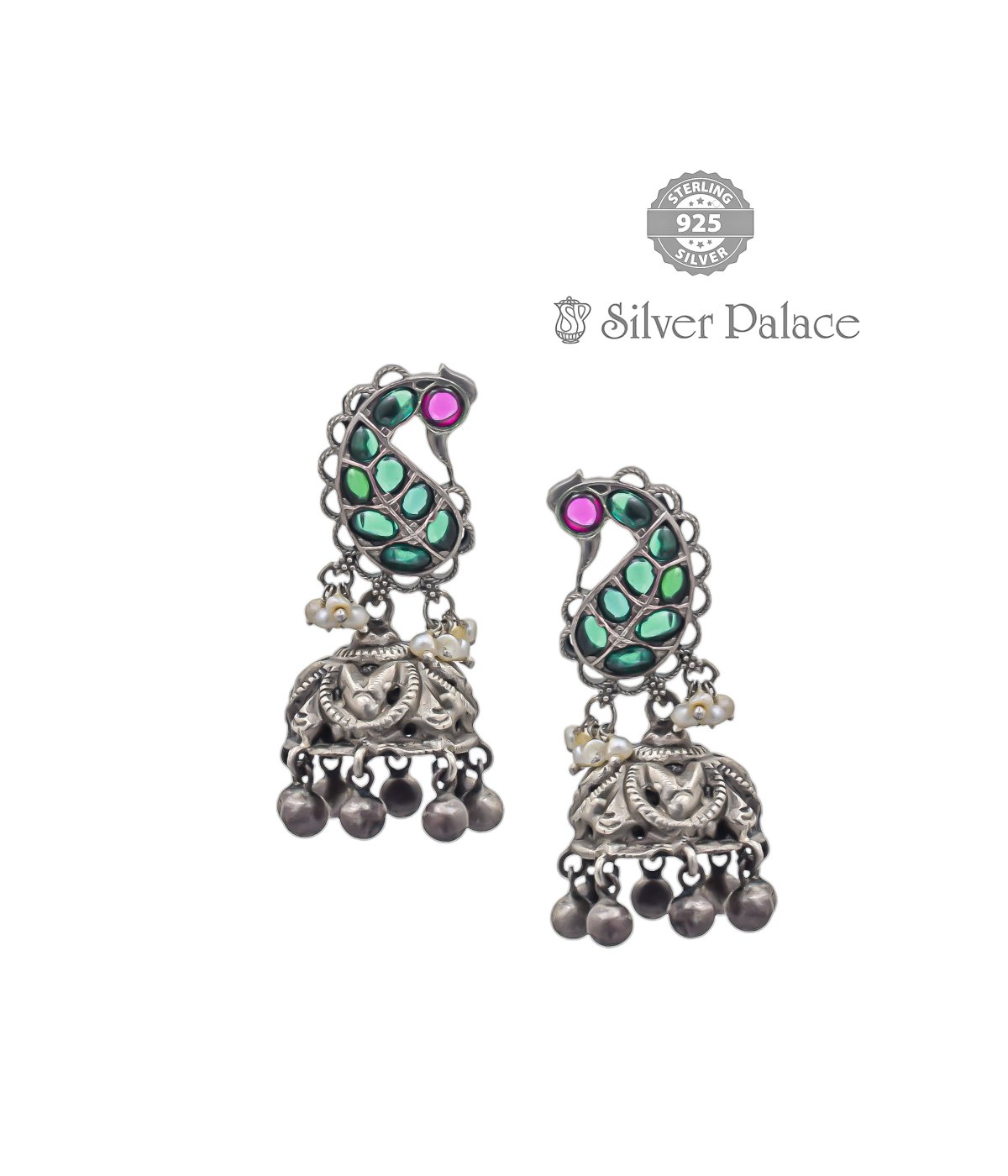  SILVER PEACOCK DESIGN GREEN STONE JHUMKA FOR WOMEN 