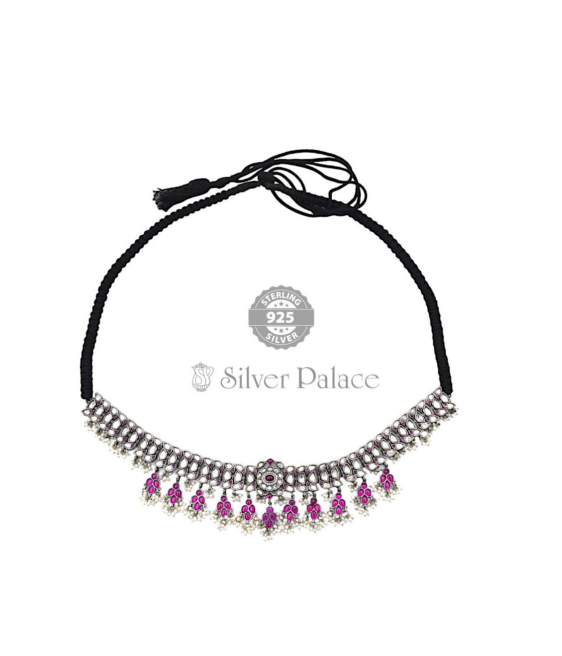 92.5 Silver Oxidised Antique Pink Stone Designer Choker Necklace for Womens