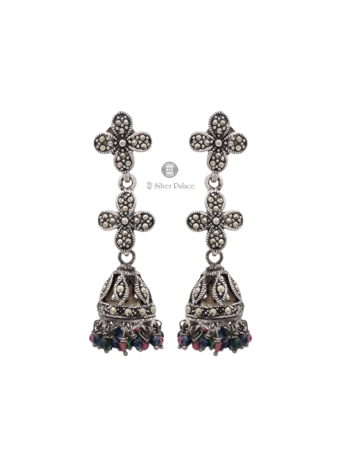 925 OXIDISED SILVER FLORAL DESIGN & MULTI COLOR BEADS JHUMKA FOR GIELS PRITE COLLECTION 