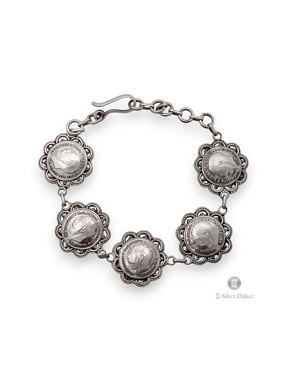 925 OXIDISED SILVER KING GEORGE V COIN BRACELET FOR LADIES BHAVA COLLECTION 