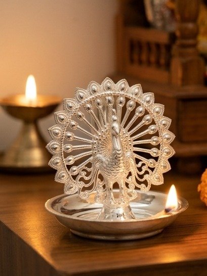 925 SILVER AGARBATHI STAND WITH PEACOCK MOTIF FOR POOJA ROOM