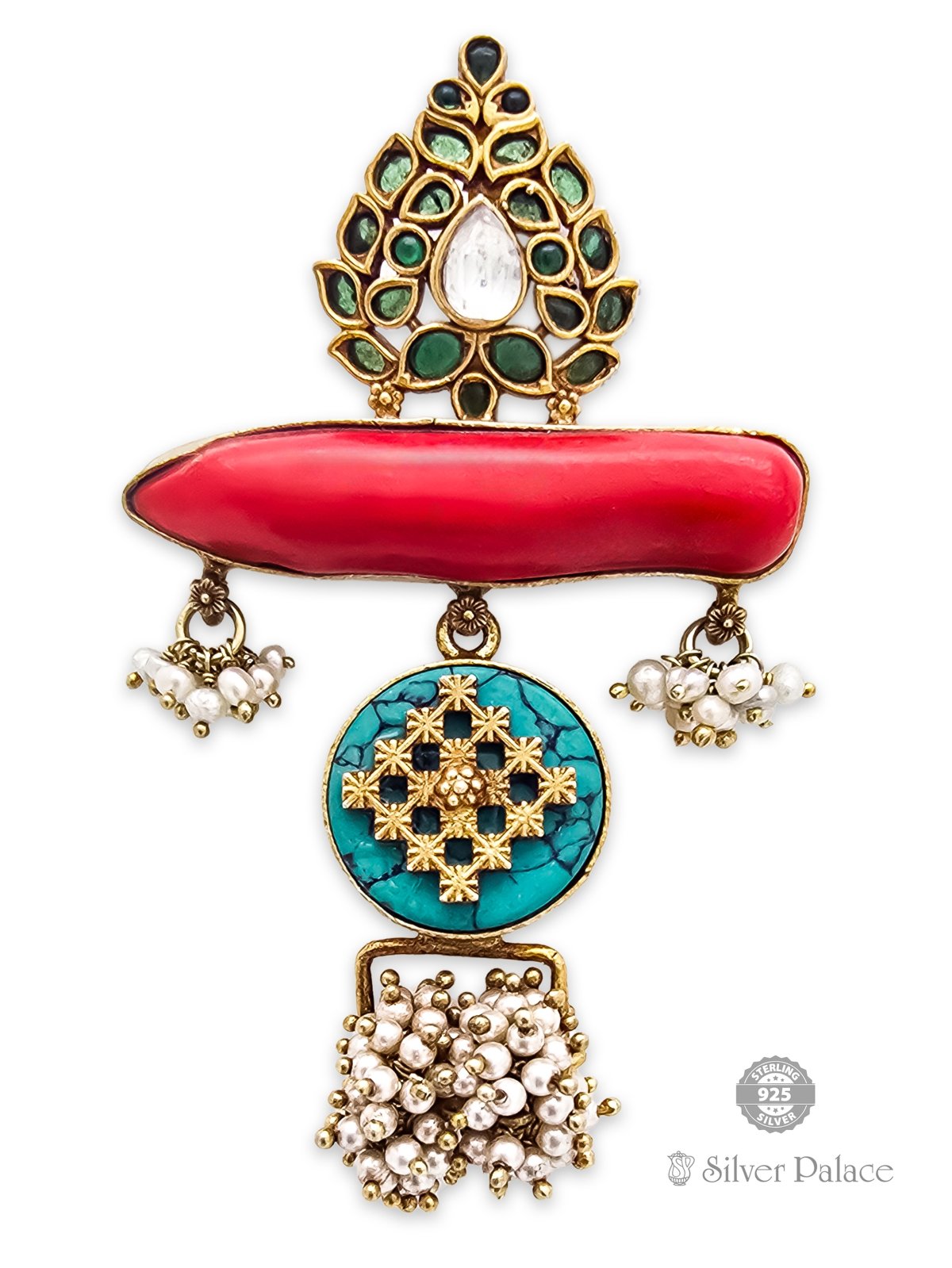 925 SILVER GOLD POLISHED CORAL WITH BEADS DESIGN PENDANT FOR LADIES ANITE COLLECTION 