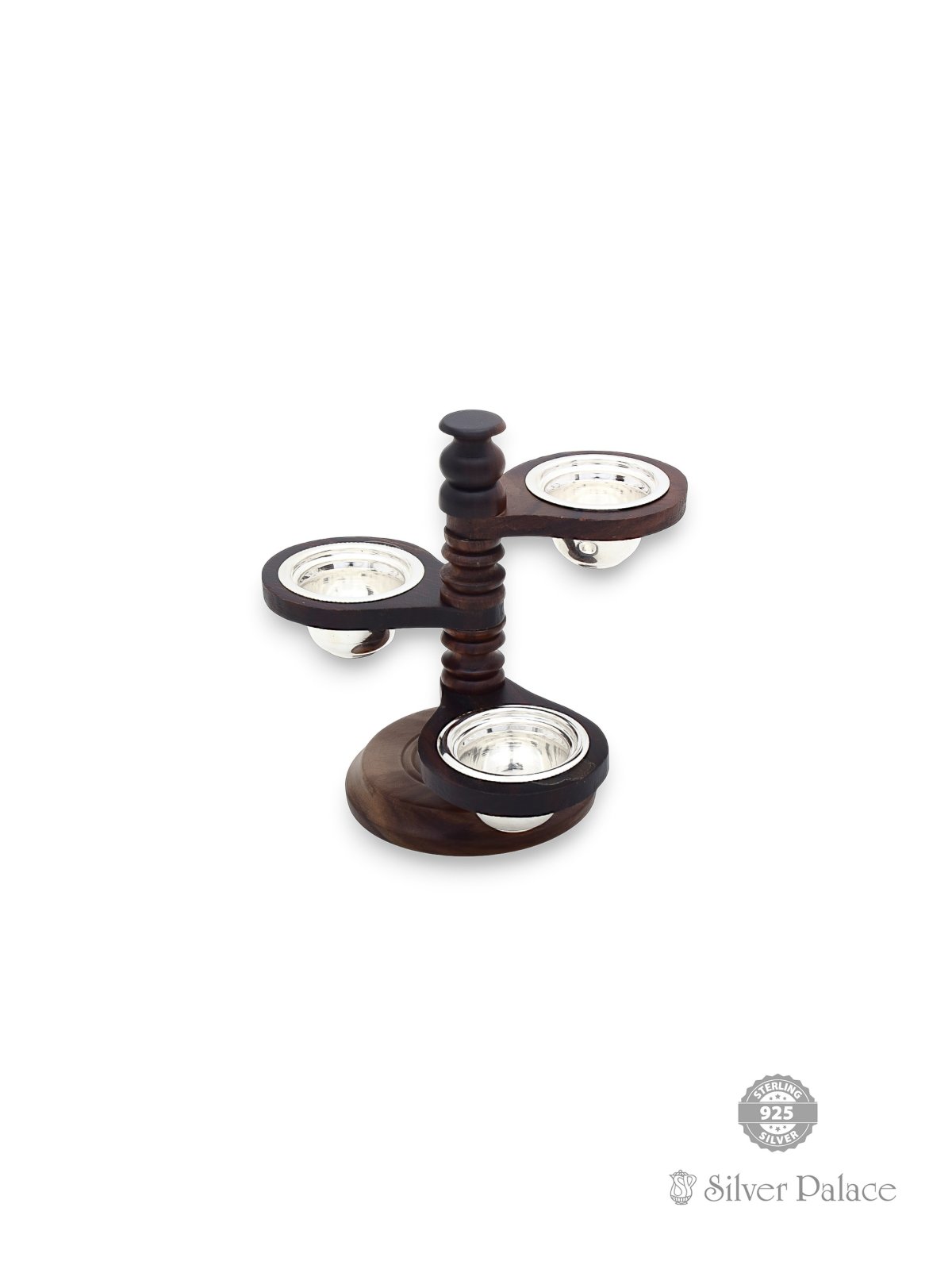 925 SILVER SANDHANAM,KUM KUM BOWLS WITH WOODEN STAND SUR COLLECTION 