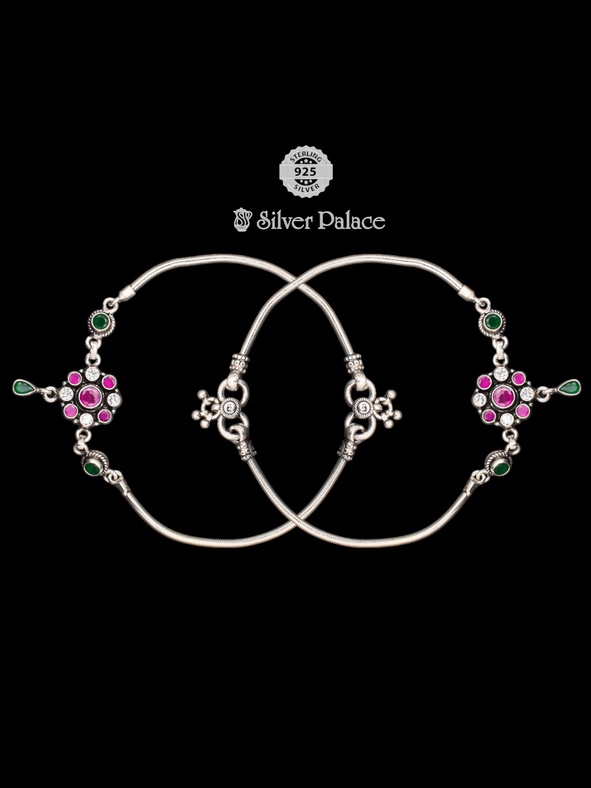 925 OXIDIZED SILVER PINK AND GREEN STONE ANKLETS FOR GIRLS NEETH COLLECTION