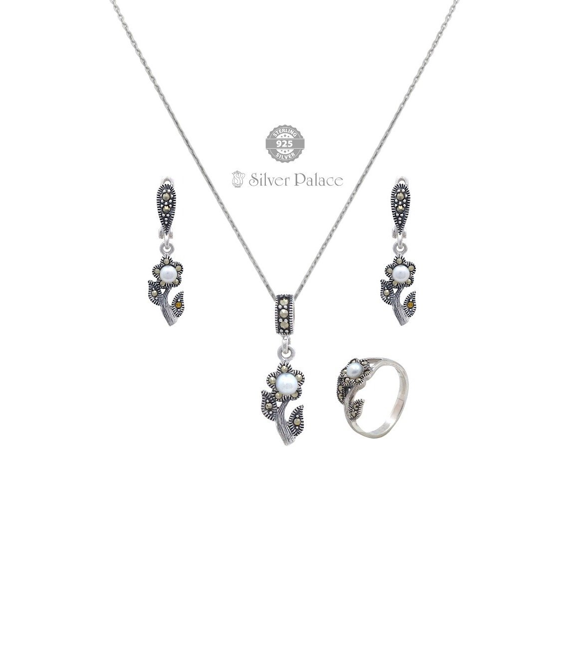 92.5 Silver Prite' Collections Pearl Studded With Marcasite Pendants Sets For Girls