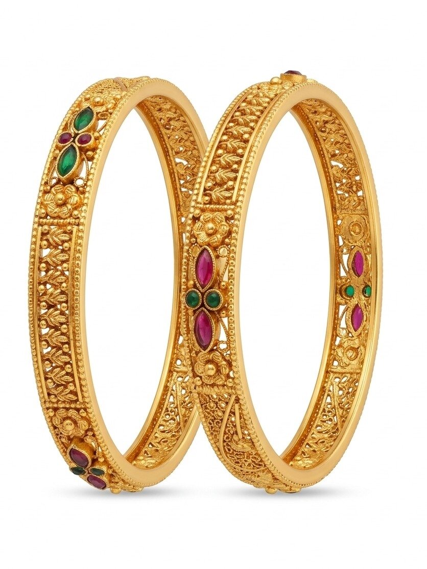 92.5 GOLD POLISH GREEN AND PINK STONE DESIGNED FLOWER DESIGN BANGLE