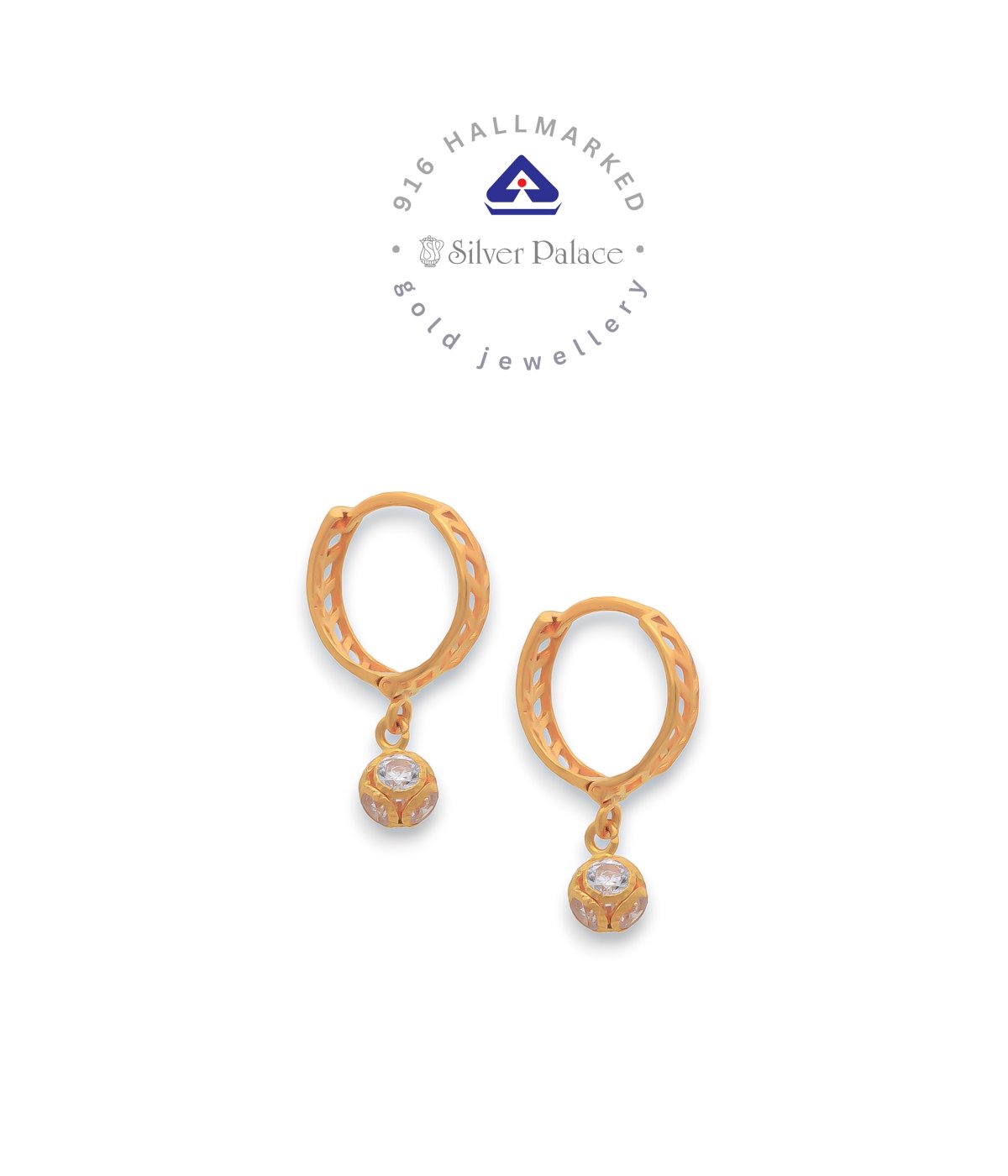  Kanche Collections 916 Pure Gold Stylish bali Earr Hoops With White Stone Studded Drop design For Girls