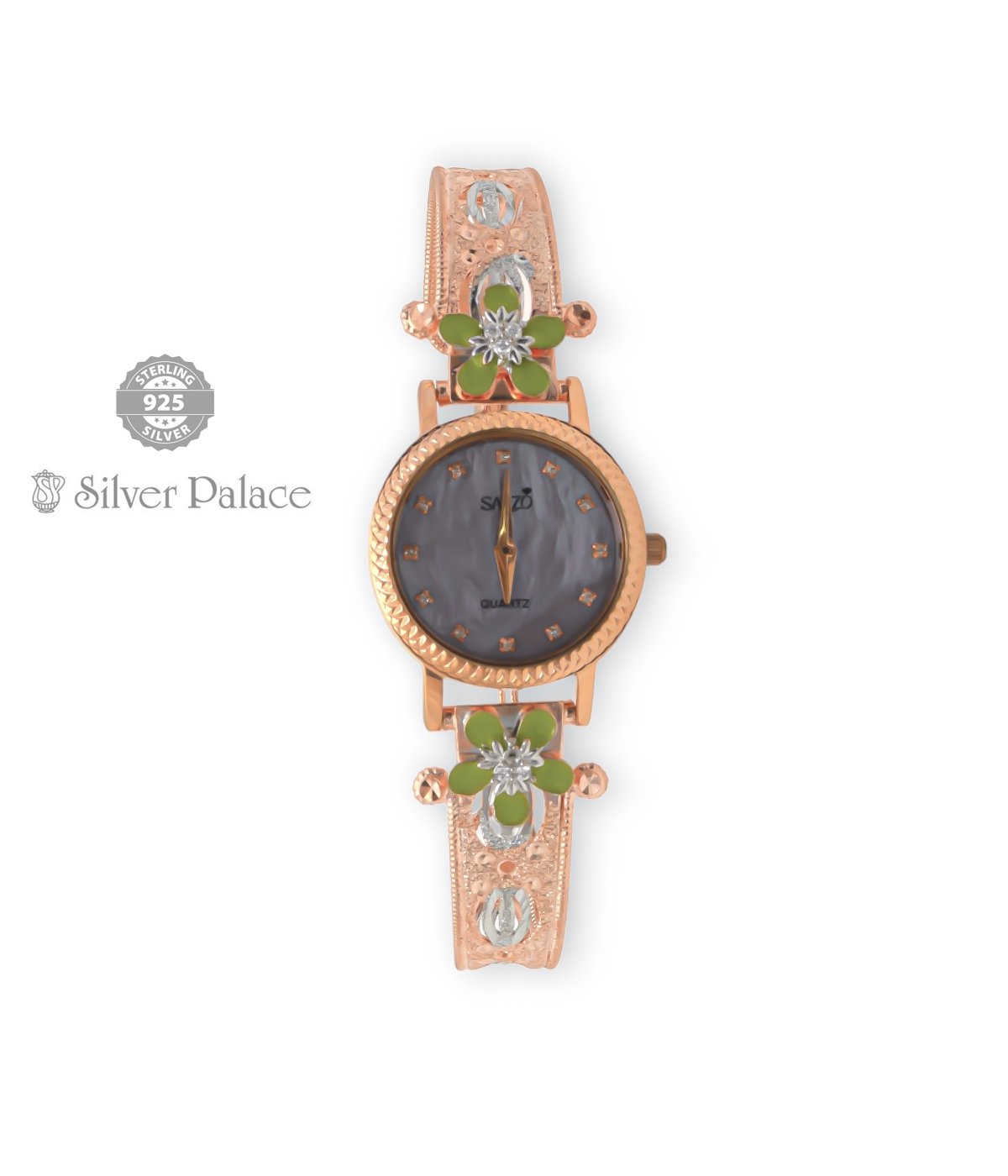 Sheya Collections 92.5 Silver With Rose Gold & Green , Purple Flower Design  Watch For Girls