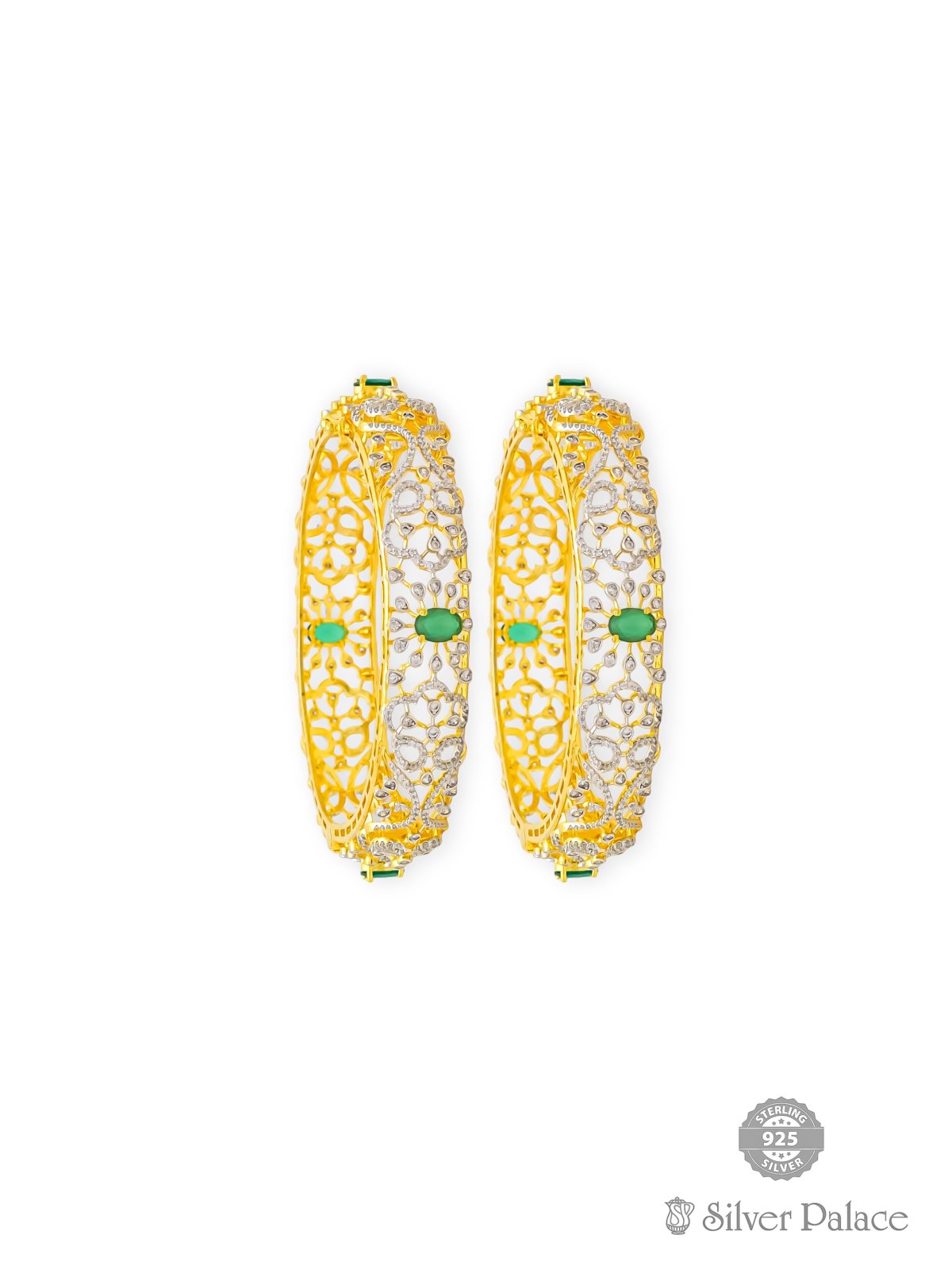 925 SILVER GOLD POLISHED GREEN STONE CZ BANGLES FOR GIRLS ANITE COLLECTION 