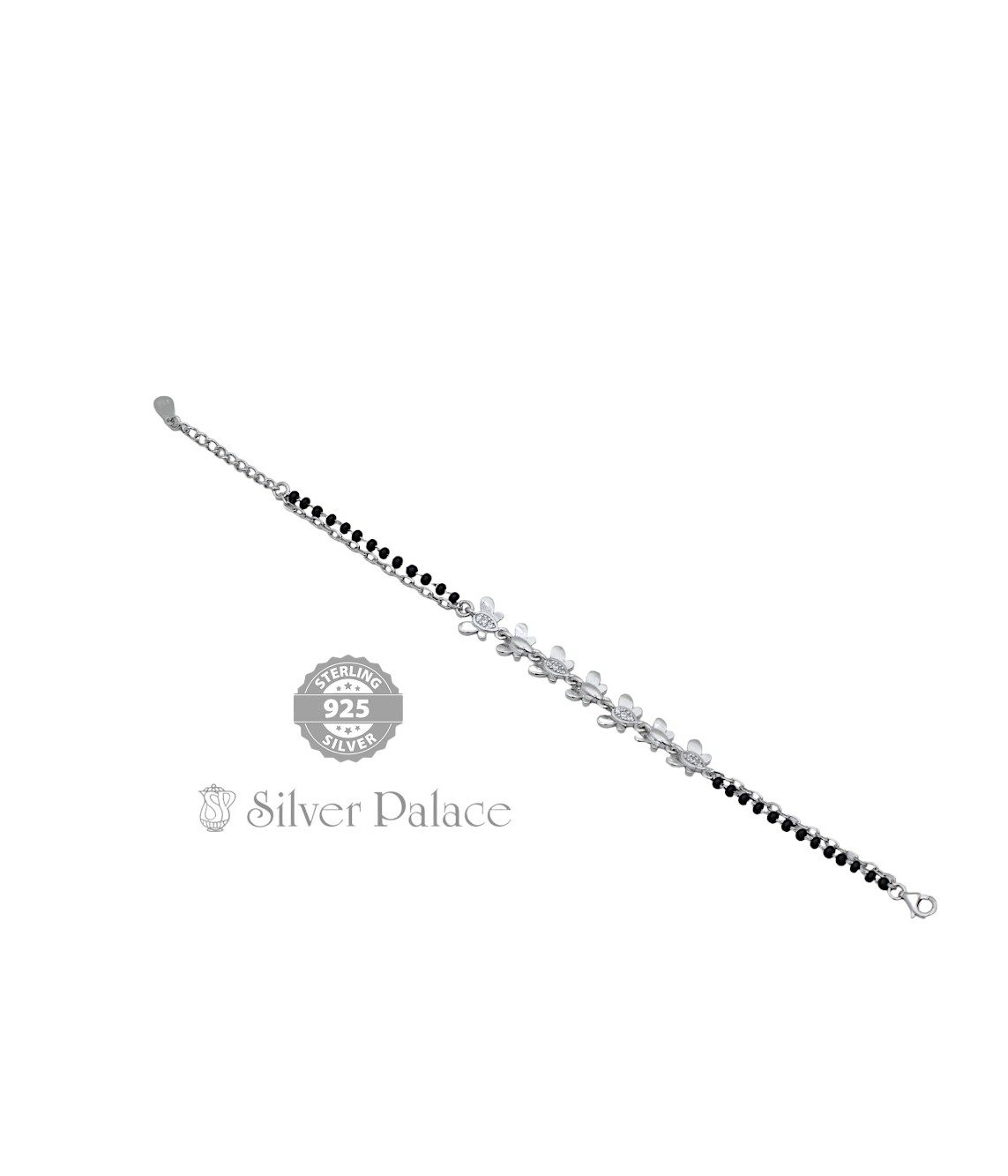 Pure Silver White American Diamond Bracelet with Black Beads