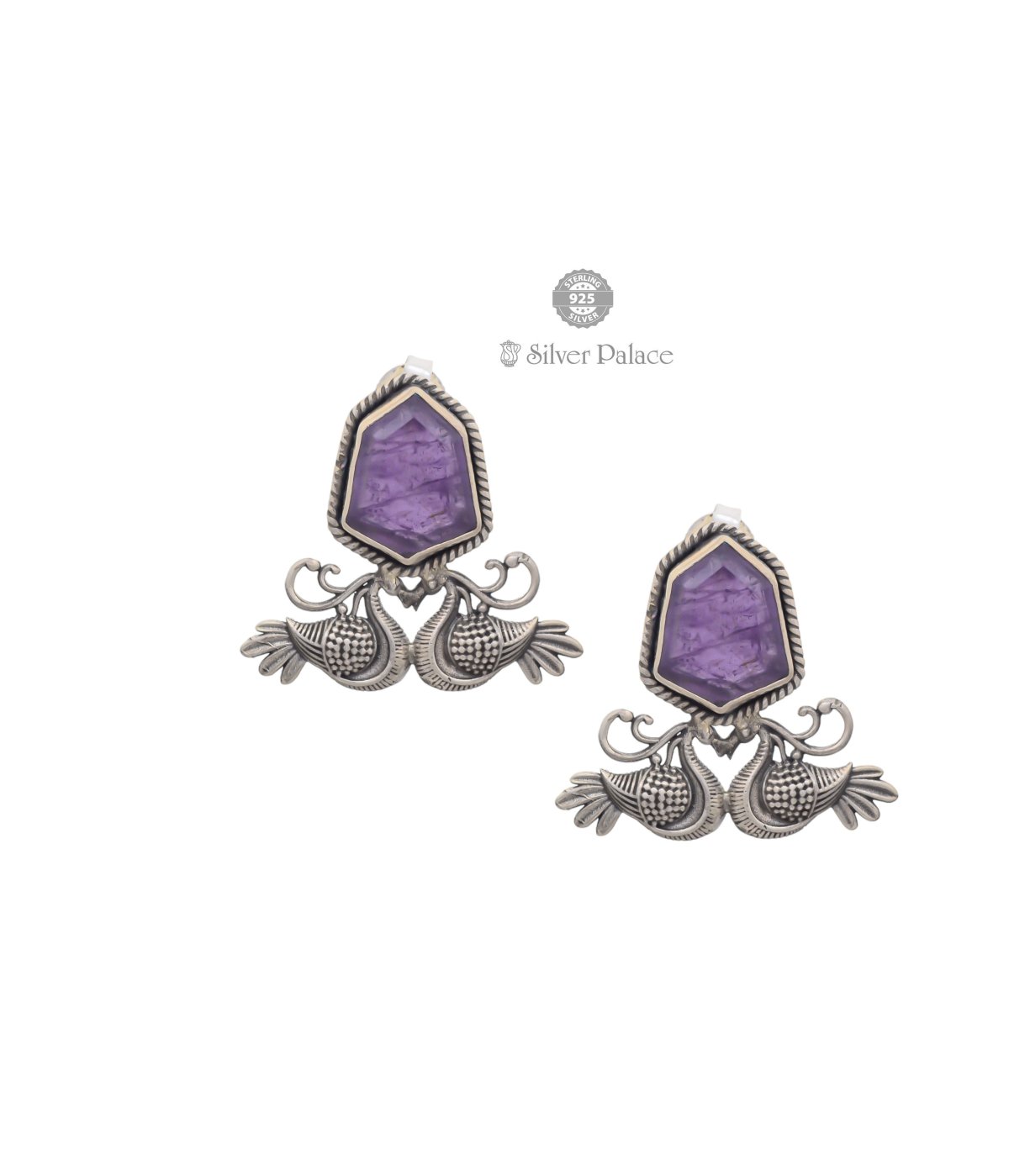 Ruch Collections 92.5 Silver purple stone swan contemporary earrings for women