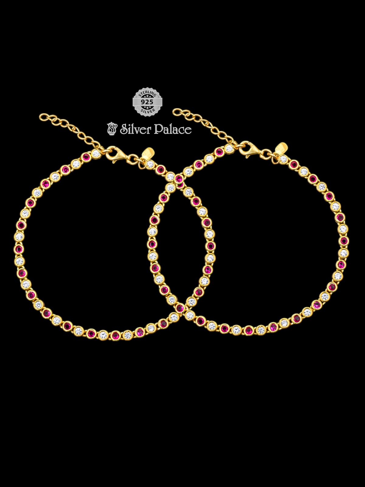 92.5 SILVER GOLD POLISH ANKLETS WITH 1 BY 1 RED AND WHITE STONES ANITE COLLECTION