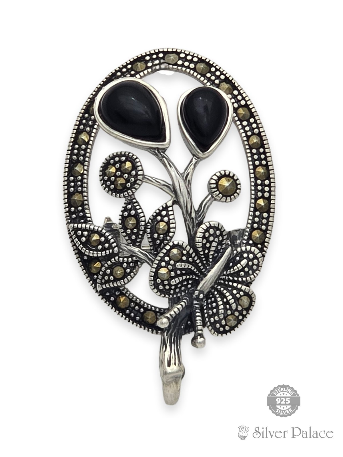 925 STERLING SILVER FLORAL DESIGN WITH BLACK STONE BROOCH FOR GIRLS