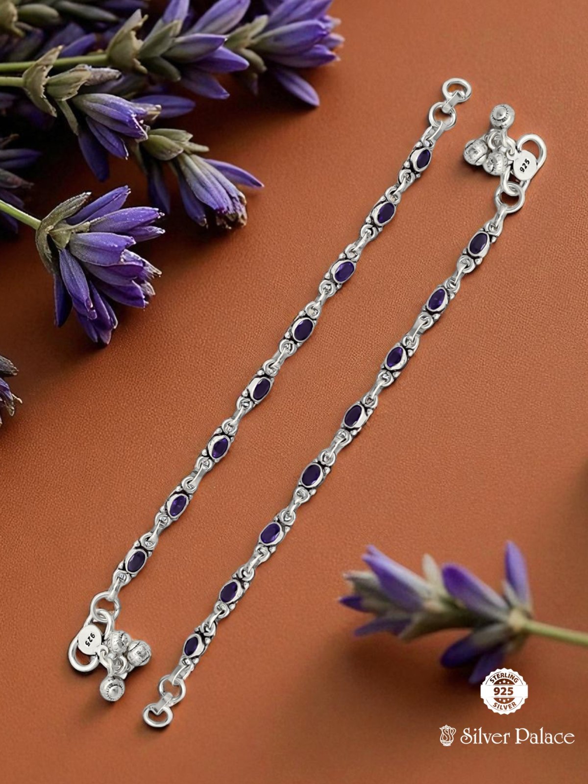 925 OXIDISED SILVER CHAIN TYPE CUT STONE ANKLETS FOR KIDS ARJITA COLLECTION