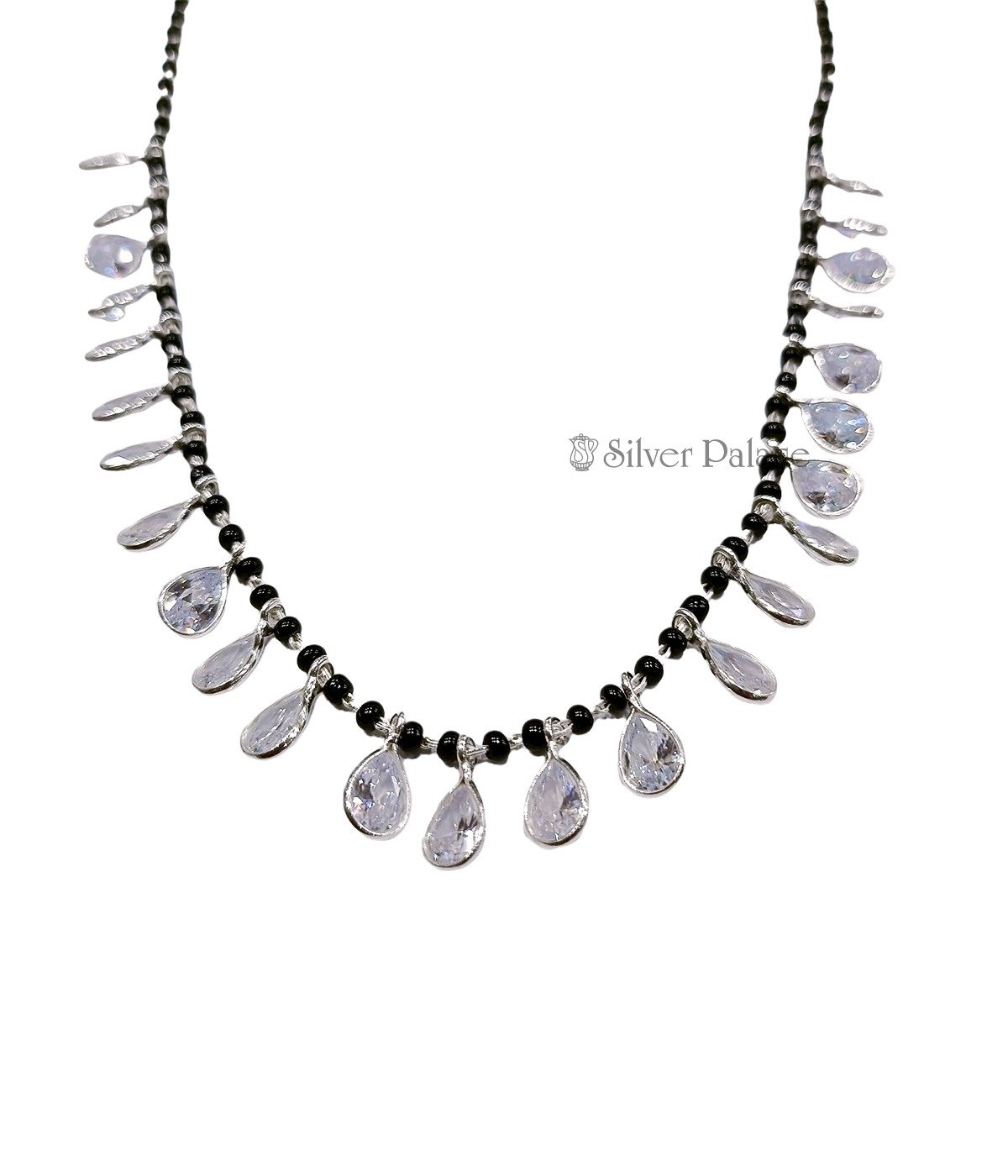 Sterling Silver Black Beaded Chain With Diamond Pendant Necklace