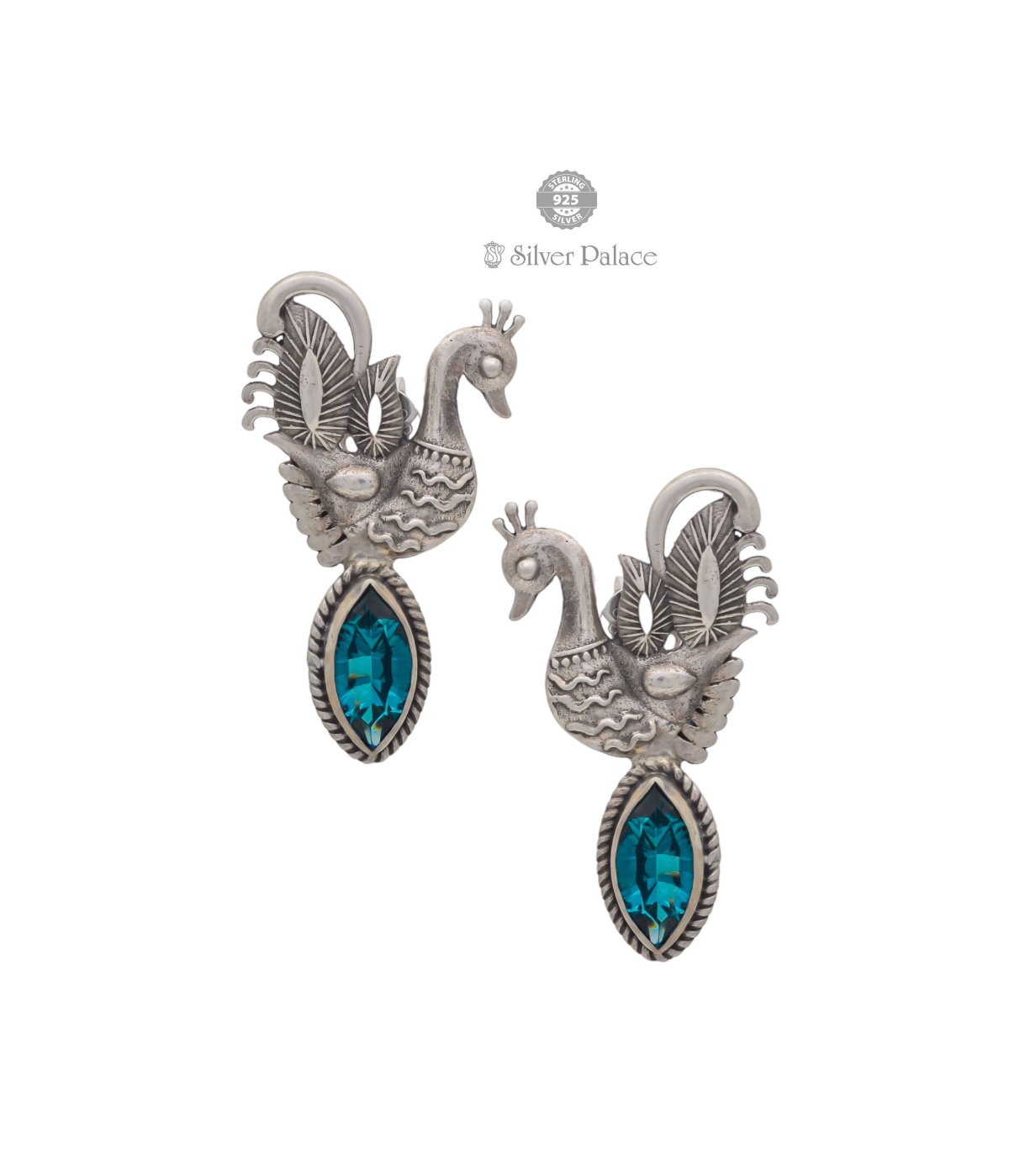 Ruch Collections 92.5 Silver oxidized bluestone peacock  contemporary earrings for women