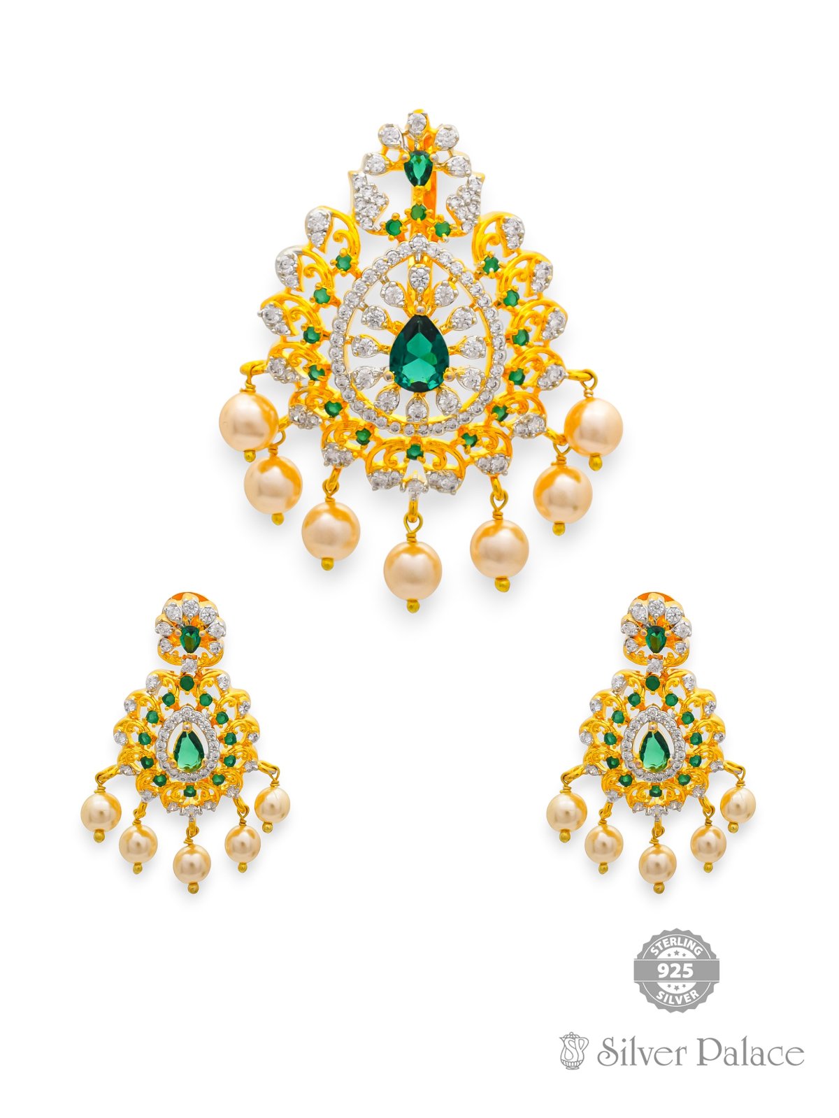 925 SILVER GOLD POLISHED PEARL WITH CZ STONE EARRING AND PENDANT SET FOR LADIES ANITE COLLECTION 