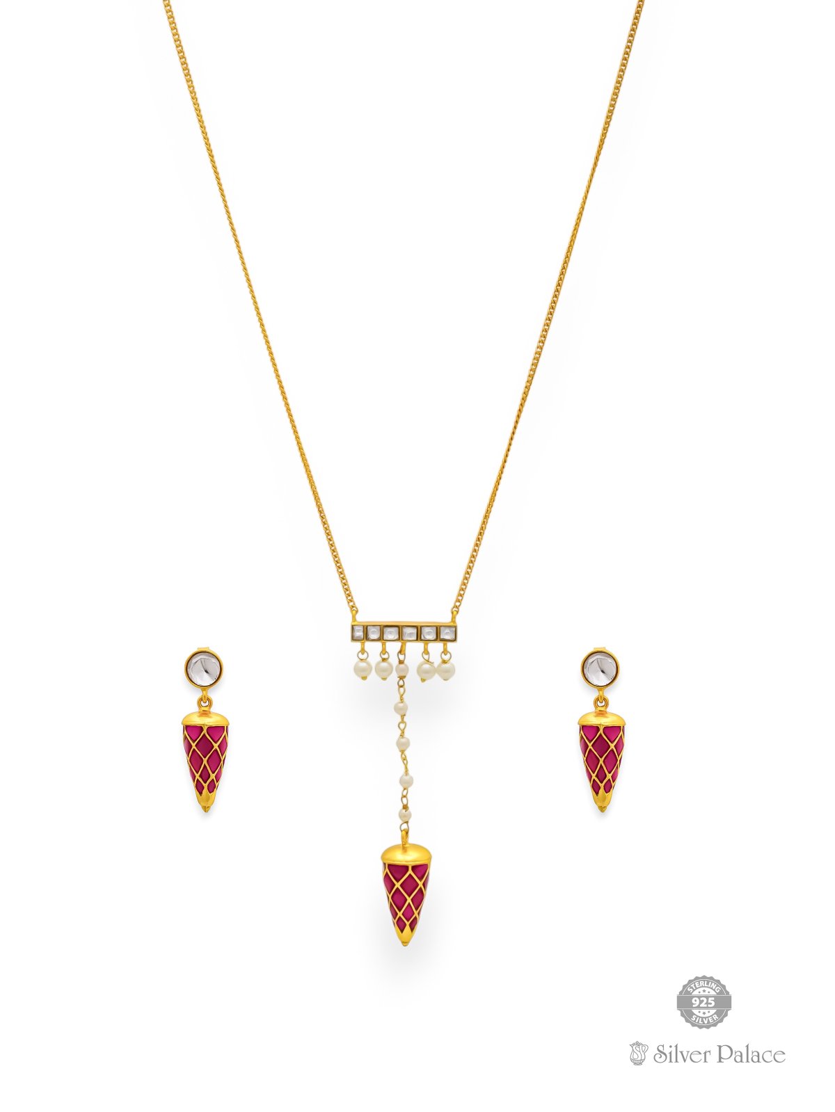 925 SILVER GOLD POLISHED CONE DESIGN PENDANT CHAIN WITH EARRING FOR LADIES ANITE COLLECTION 